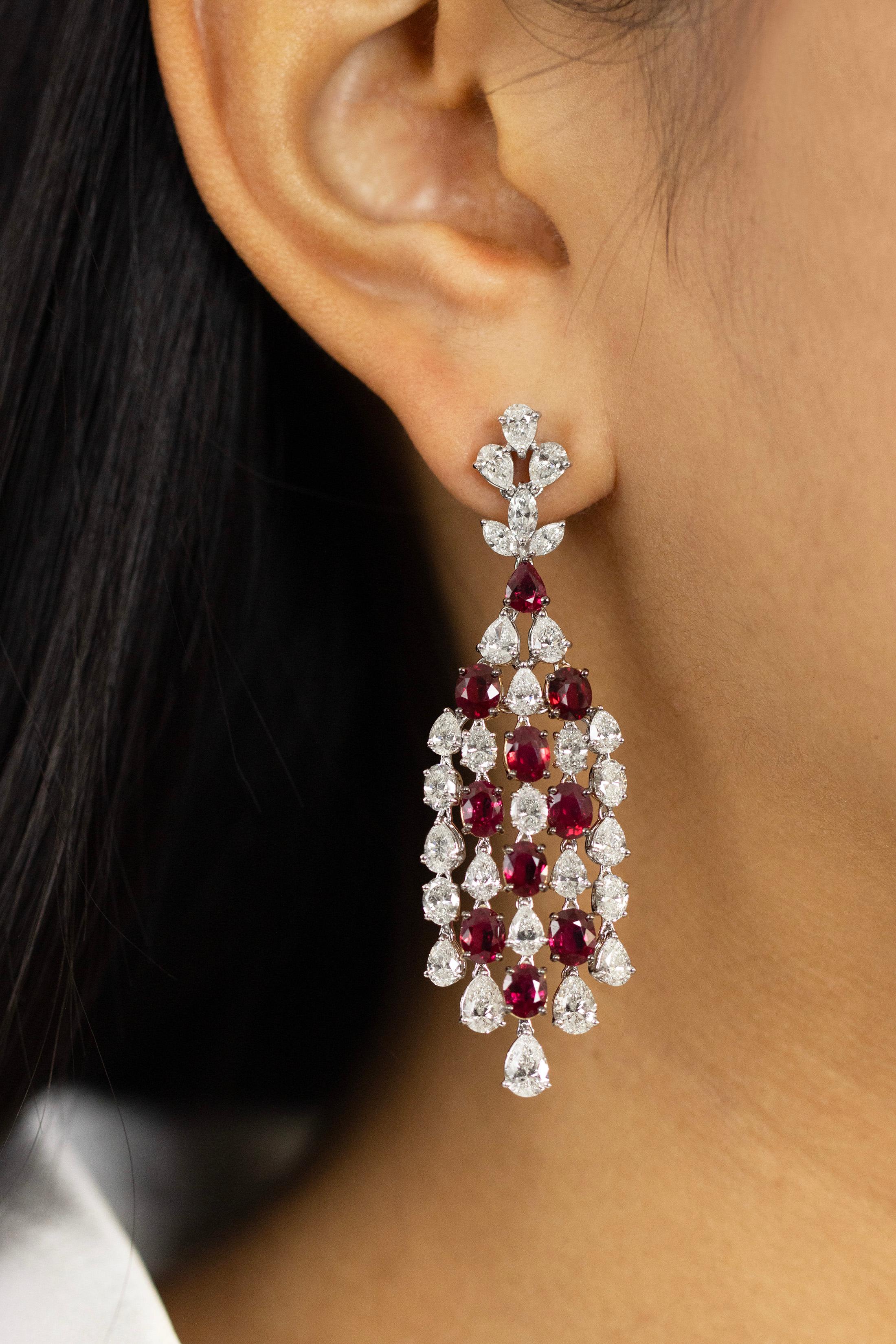 18.10 Carats Total Mixed Cut Ruby & Diamond White Gold Chandelier Earrings For Sale 1