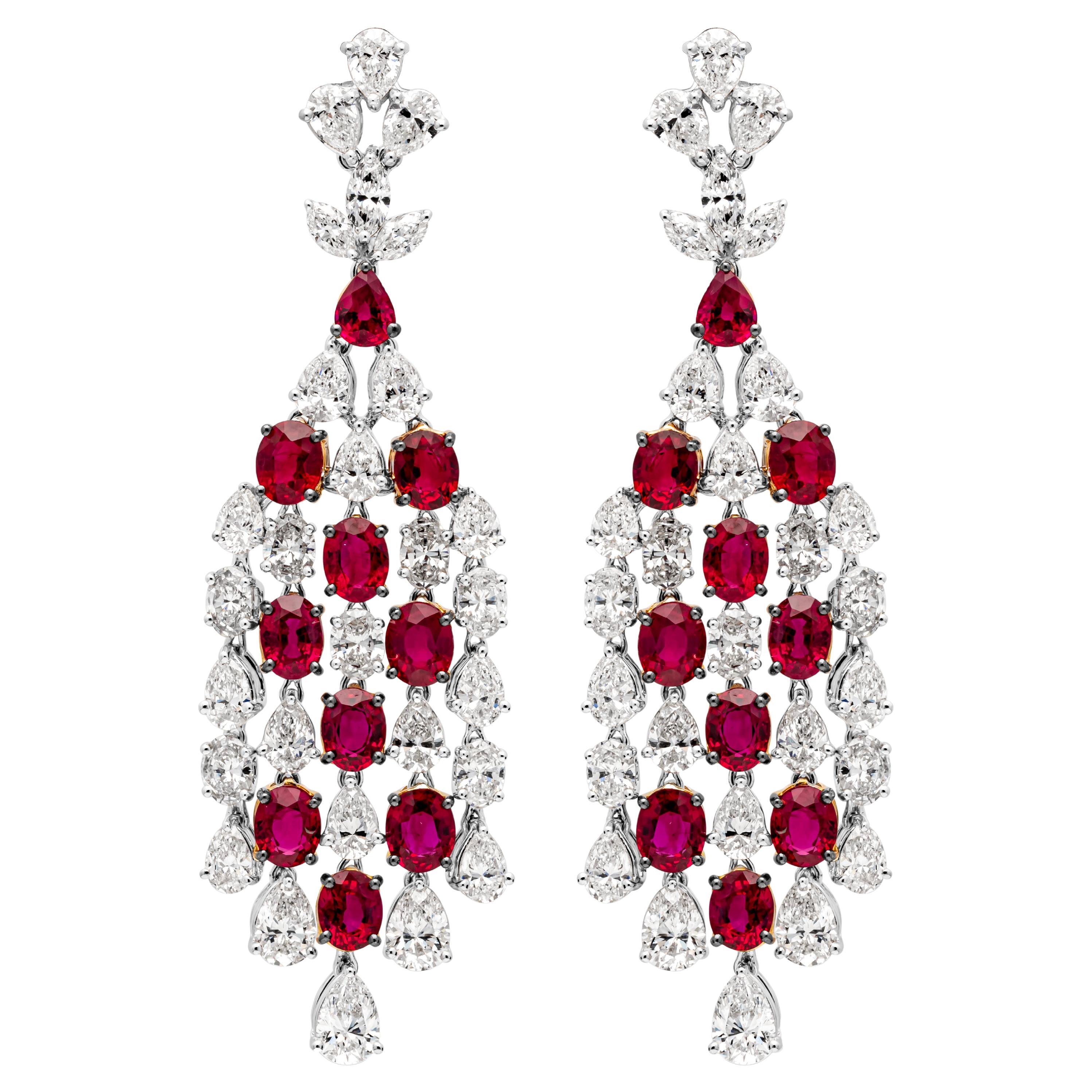 18.10 Carats Total Mixed Cut Ruby & Diamond White Gold Chandelier Earrings For Sale