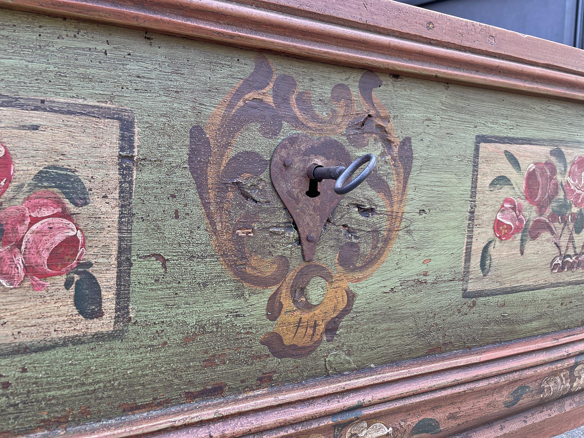 Hand-Painted 1860 circa Green Floral Panted Blanket Chest