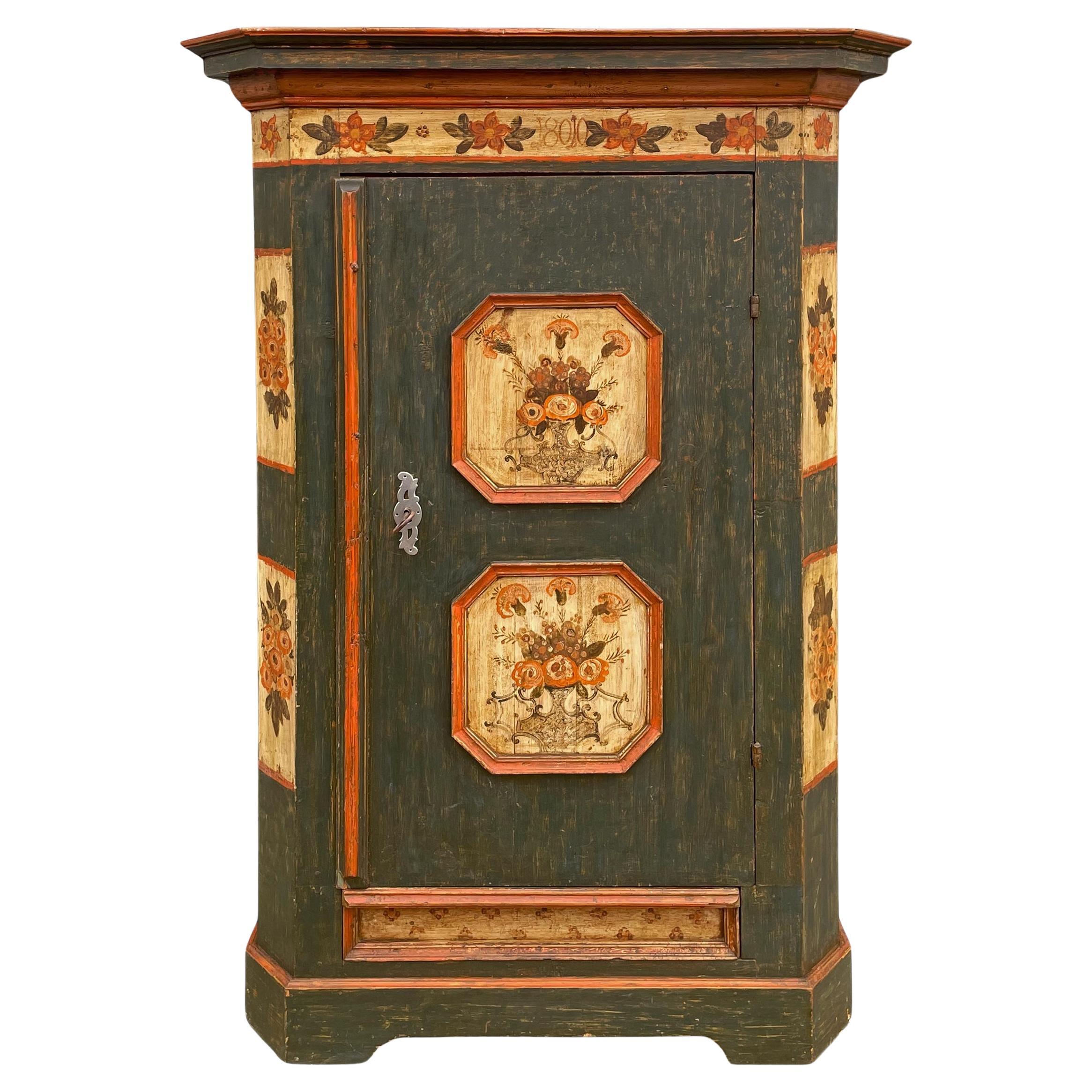 1810 Green Floral Painted Cupboard