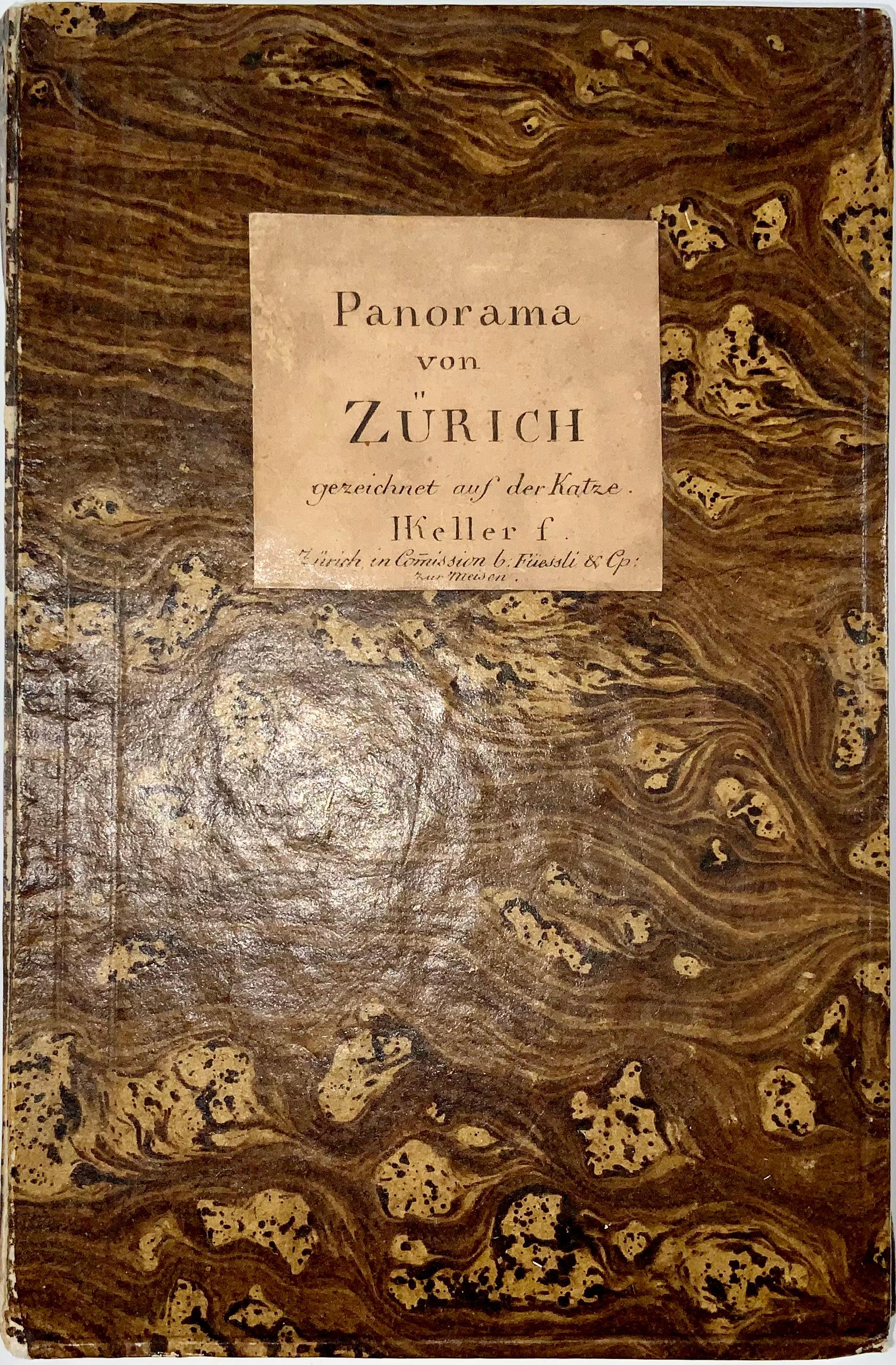 EXQUISITE PANORAMA OF THE CITY OF ZURICH IN AQUATINT

Heinrich Keller

8,2 x 139 cm (3,2 x 54,7 in)

Zurich, 1810. 

Fan-folded, partly hand coloured (grey and green tones) aquatint in contemporary boards. Marbled boards with small printed label to