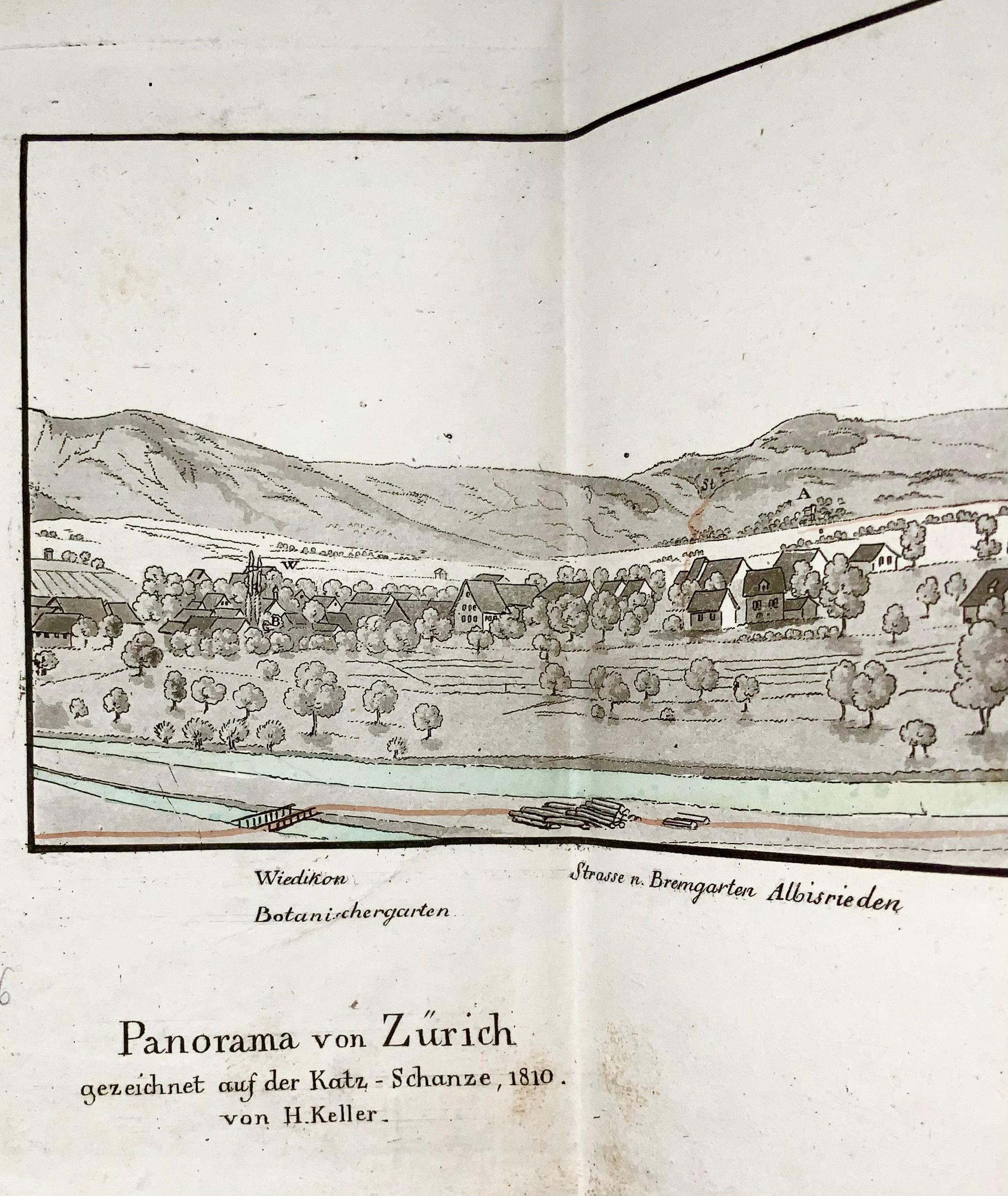 1810 H. Keller, Schweiz, Aquatinta- Panoramen Zurich, Hand col. 139 cm (Biedermeier) im Angebot