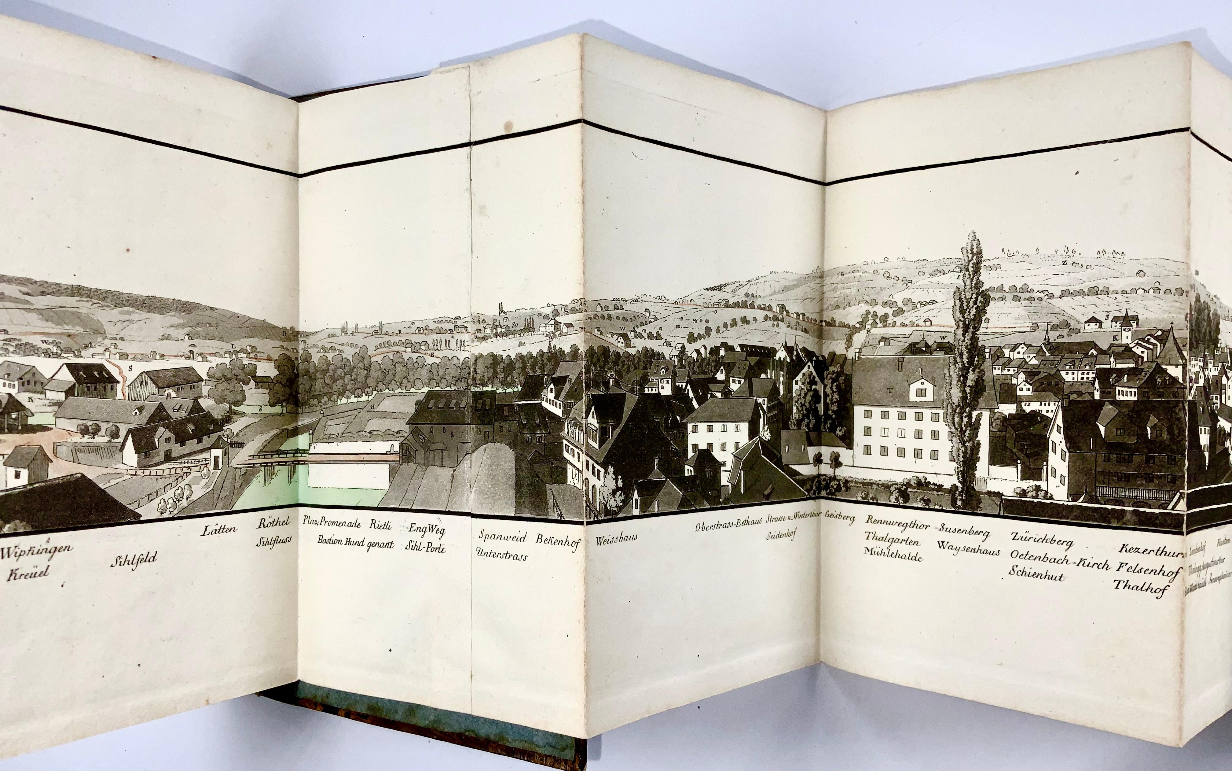 Etched 1810 H. Keller, Switzerland, aquatint panorama Zurich hand col. 139 cm For Sale