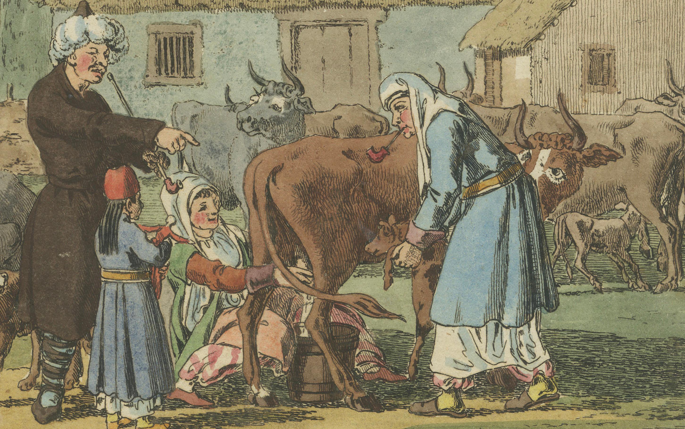 1810 Hand-Coloured Engraving - Tatar Peasants of the Crimean Peninsula In Fair Condition For Sale In Langweer, NL