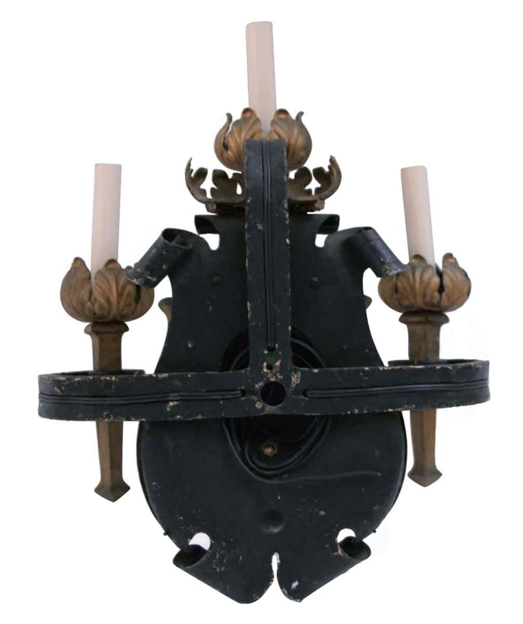 1810 Pair French Wrought Iron Gilt 3 Arm Sconces For Sale 2