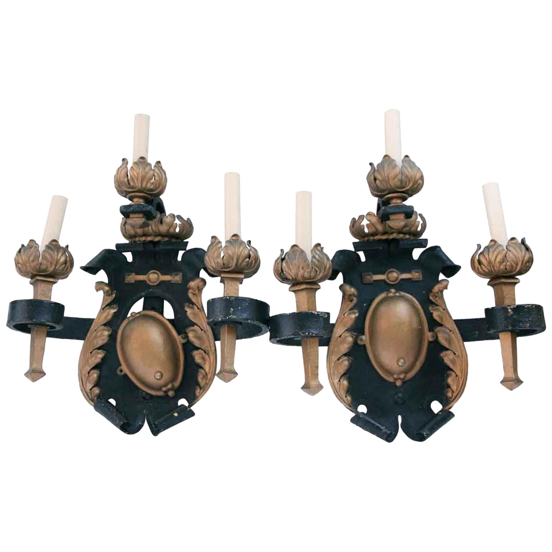 1810 Pair French Wrought Iron Gilt 3 Arm Sconces For Sale