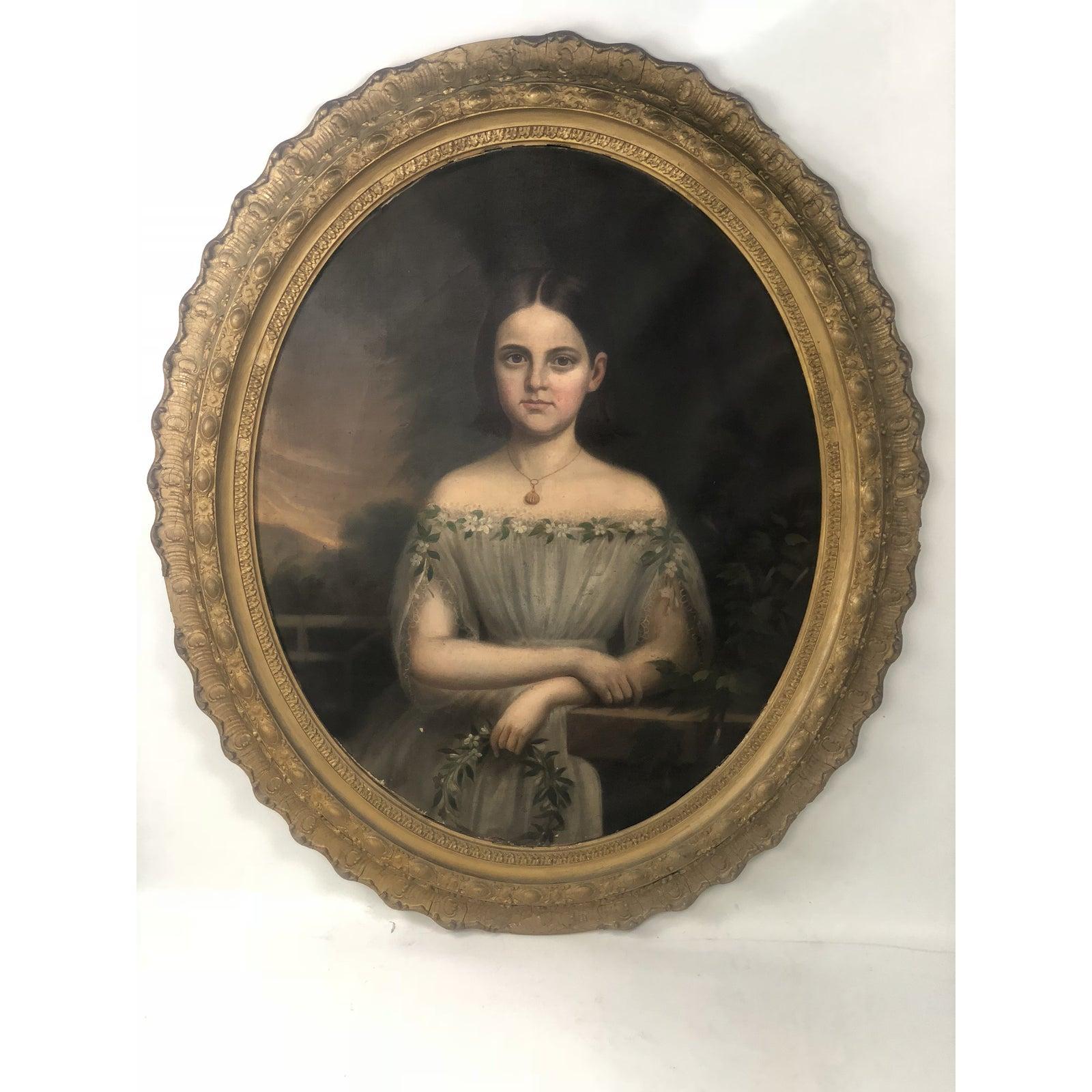 This expertly painted oil on canvass depicts a portrait of a young girl.This painting is signed and dated on back.We have providence that she was a Granddaughter Of Patrick Henry (Patriot).Purchased from the ancestors.Her name was Sarah Watkins.The