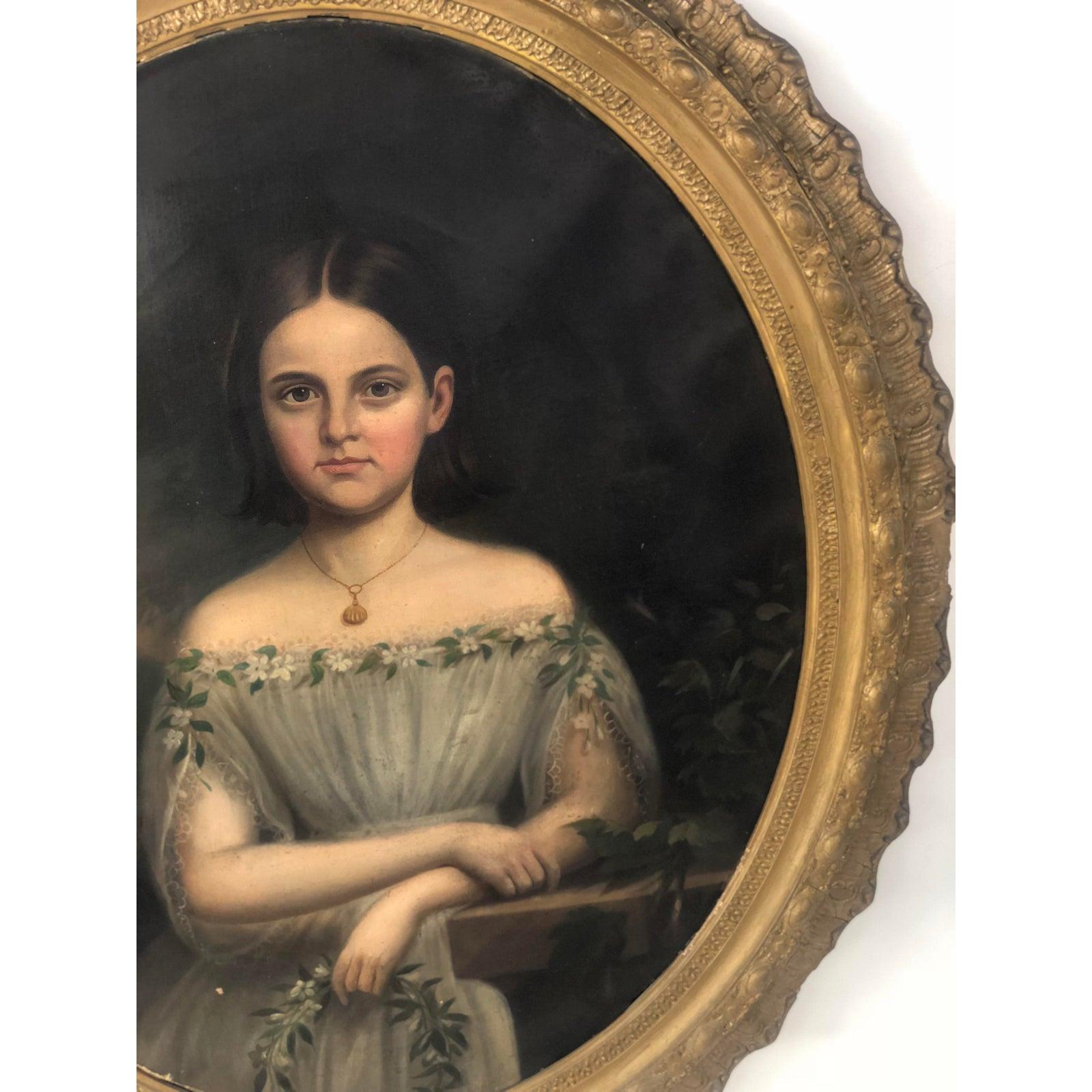 1810 Realism Oil Painting of Famous Young Girl In Good Condition For Sale In Esperance, NY