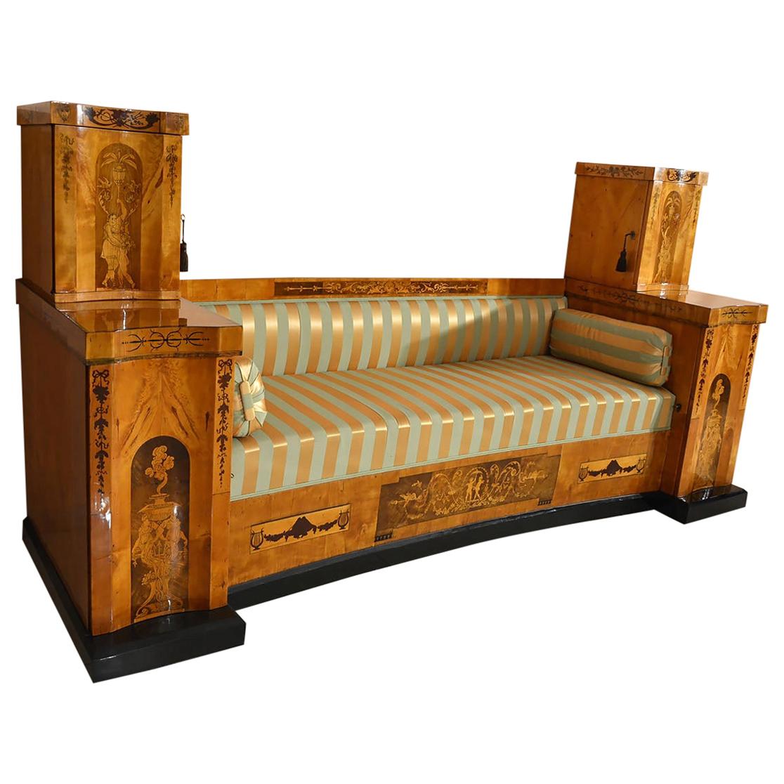 1810 Transition Period Empire / Biedermeier Sofa / Couch Inlaid Birch Veneer For Sale