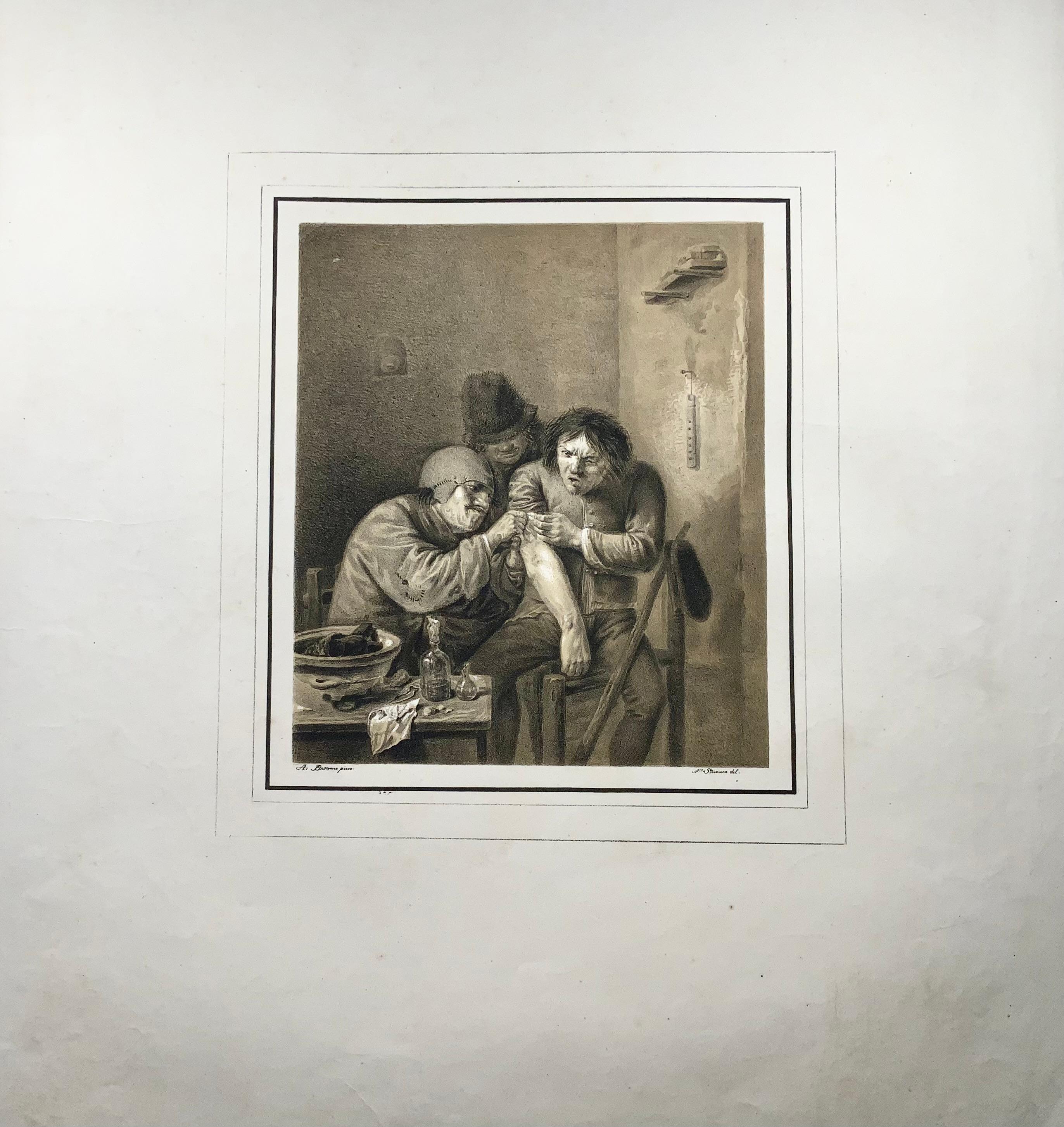 A. Brouwer pinx. N. Strixner del.

Village Surgeon (The Feeling)

A surgeon dressing the wound of a grimacing patient.

61 x 45 cm; Image: 29.3 x 26.3 cm

Published c 1810

Stone lithograph with tinted background.

Reference: Wellcome Collection