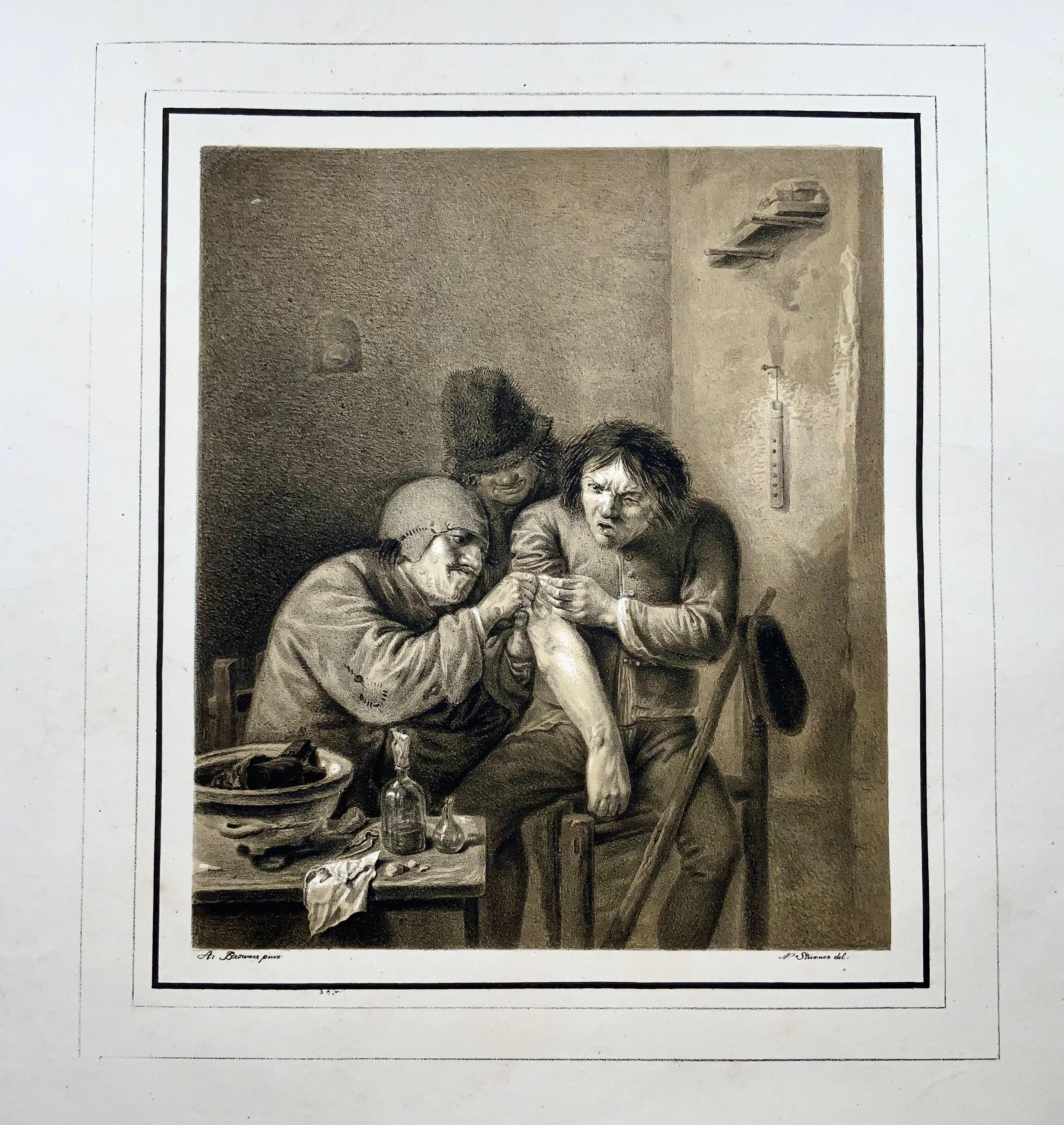 Paper 1810c Medicine, Surgeon, N. Strixner after A. Brouwer, incunabula of lithography For Sale