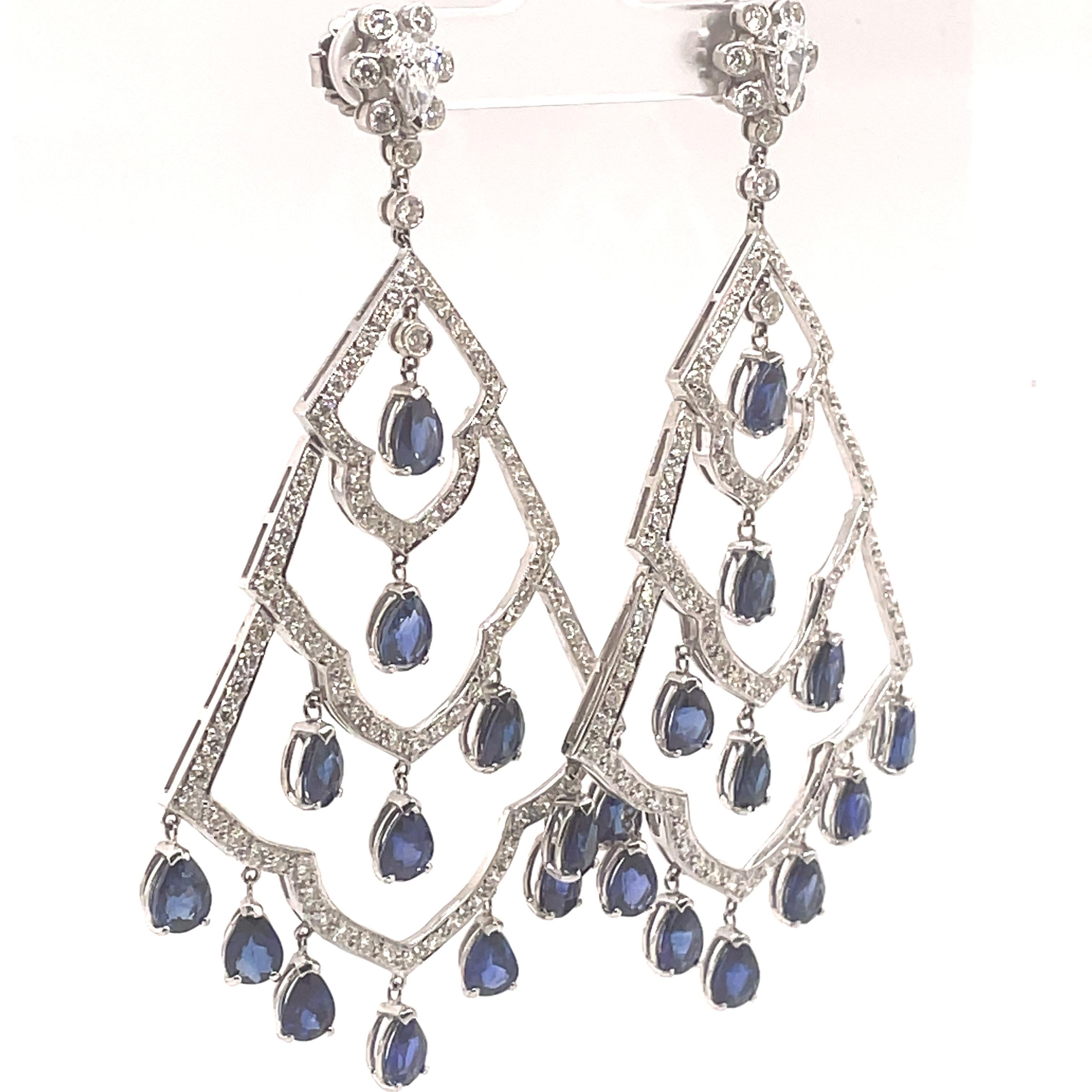 Contemporary 22.36ct Sapphire with Diamond Chandelier Earrings 18k White Gold For Sale