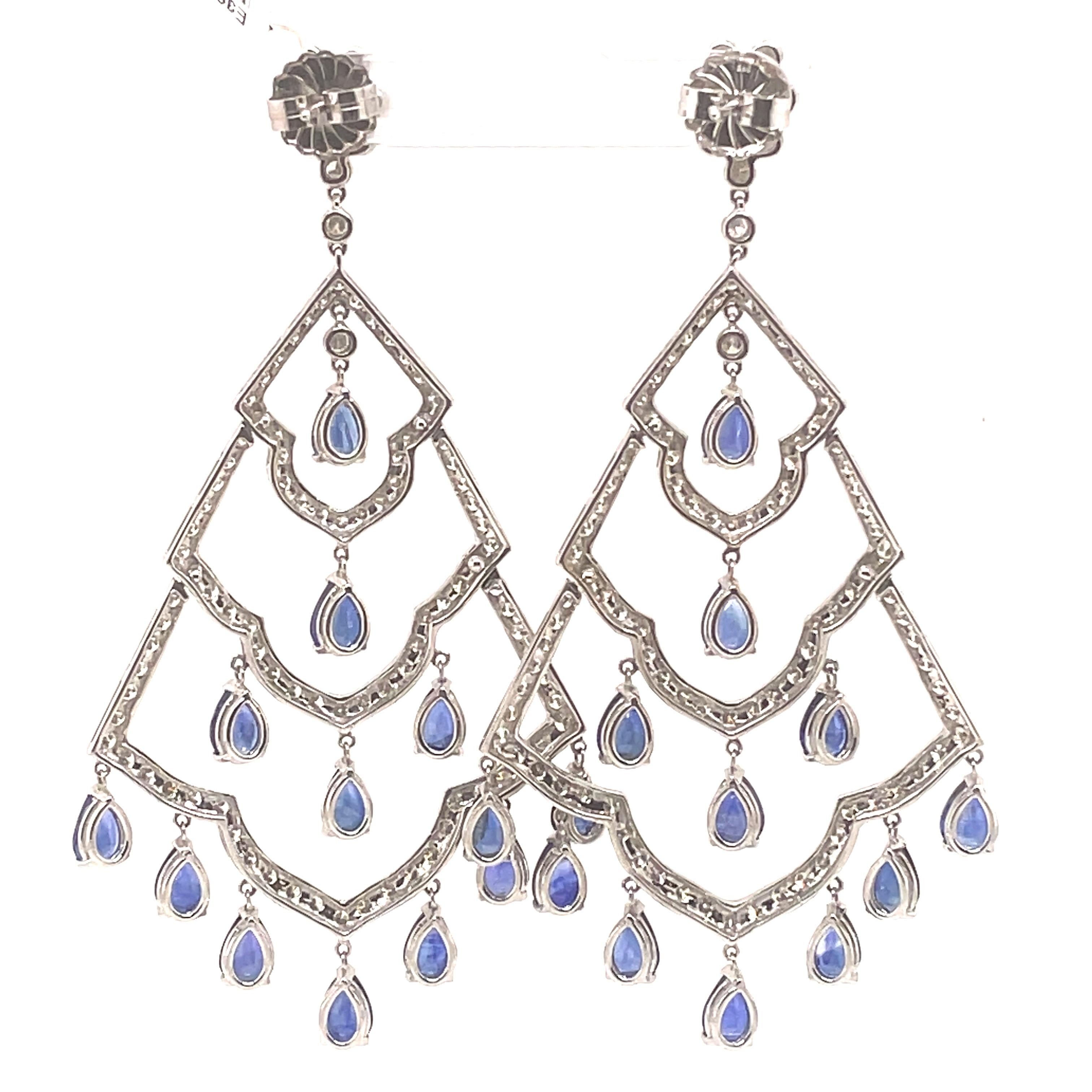 22.36ct Sapphire with Diamond Chandelier Earrings 18k White Gold In New Condition For Sale In BEVERLY HILLS, CA