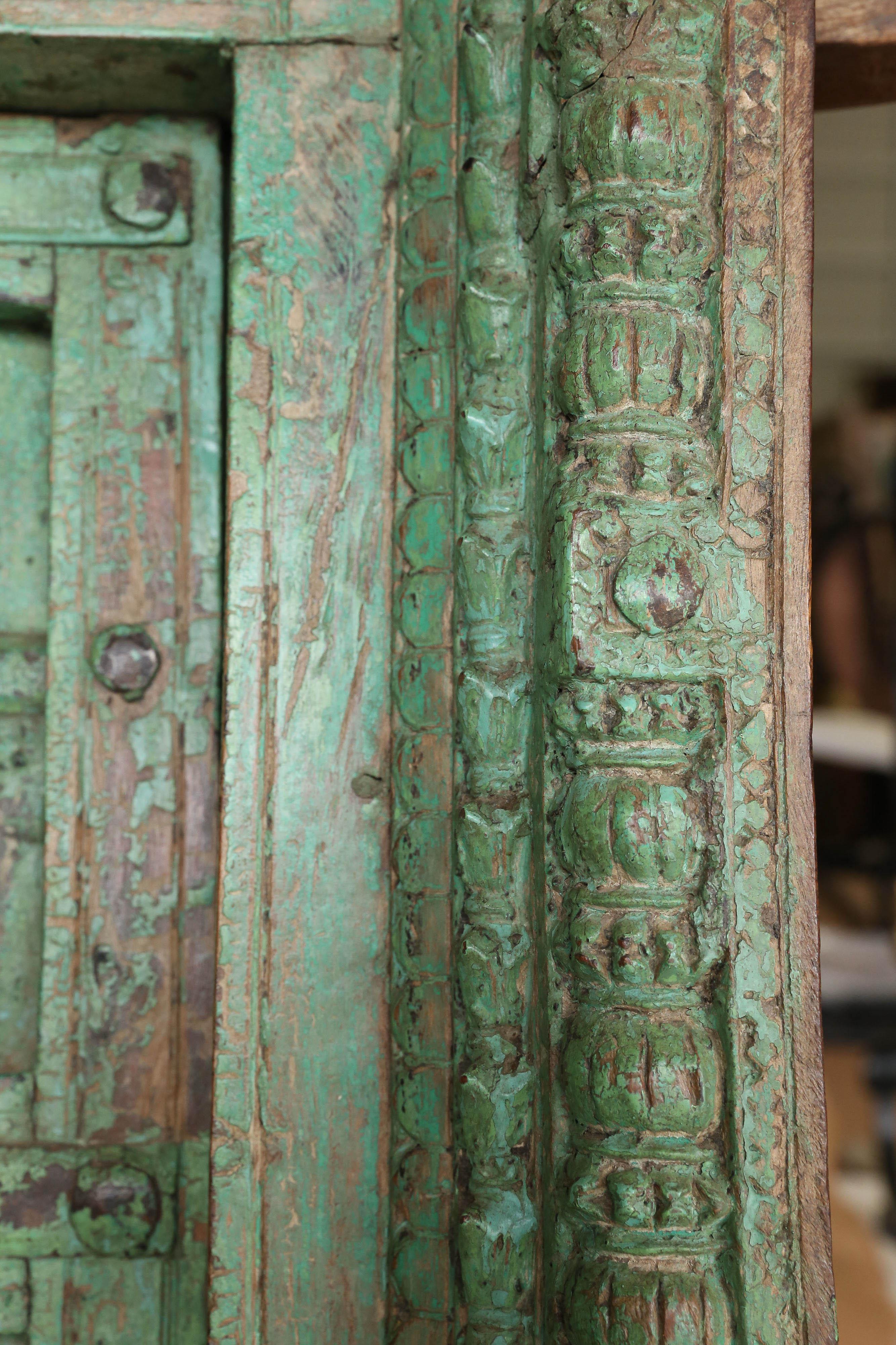 1810s Solid Teak Wood Painted Interior Door from a Prominent Farm House in Goa In Good Condition In Houston, TX