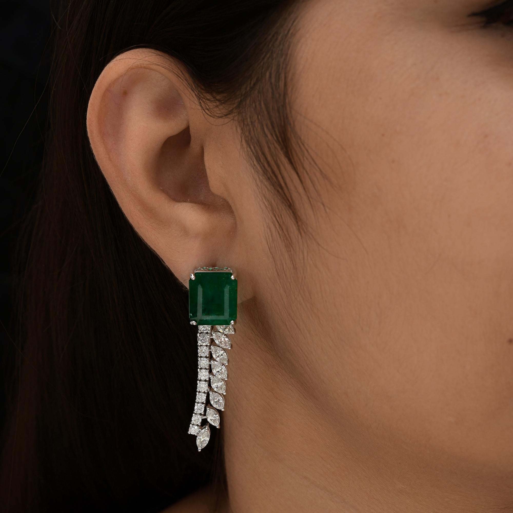 Modern 18.11 Carat Zambian Emerald Earrings SI/H Marquise Diamond 14 Karat White Gold For Sale