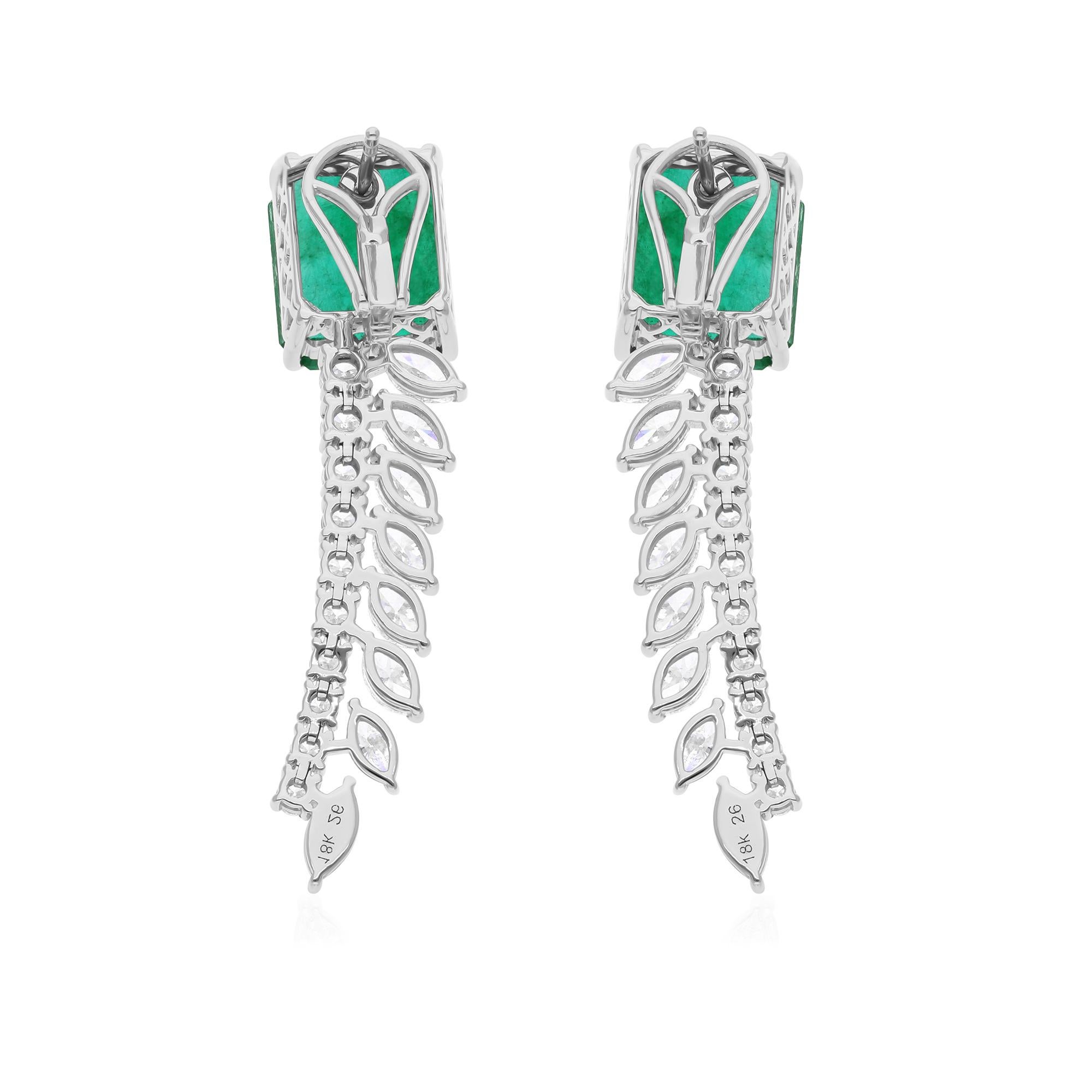 Cushion Cut 18.11 Carat Zambian Emerald Earrings SI/H Marquise Diamond 14 Karat White Gold For Sale