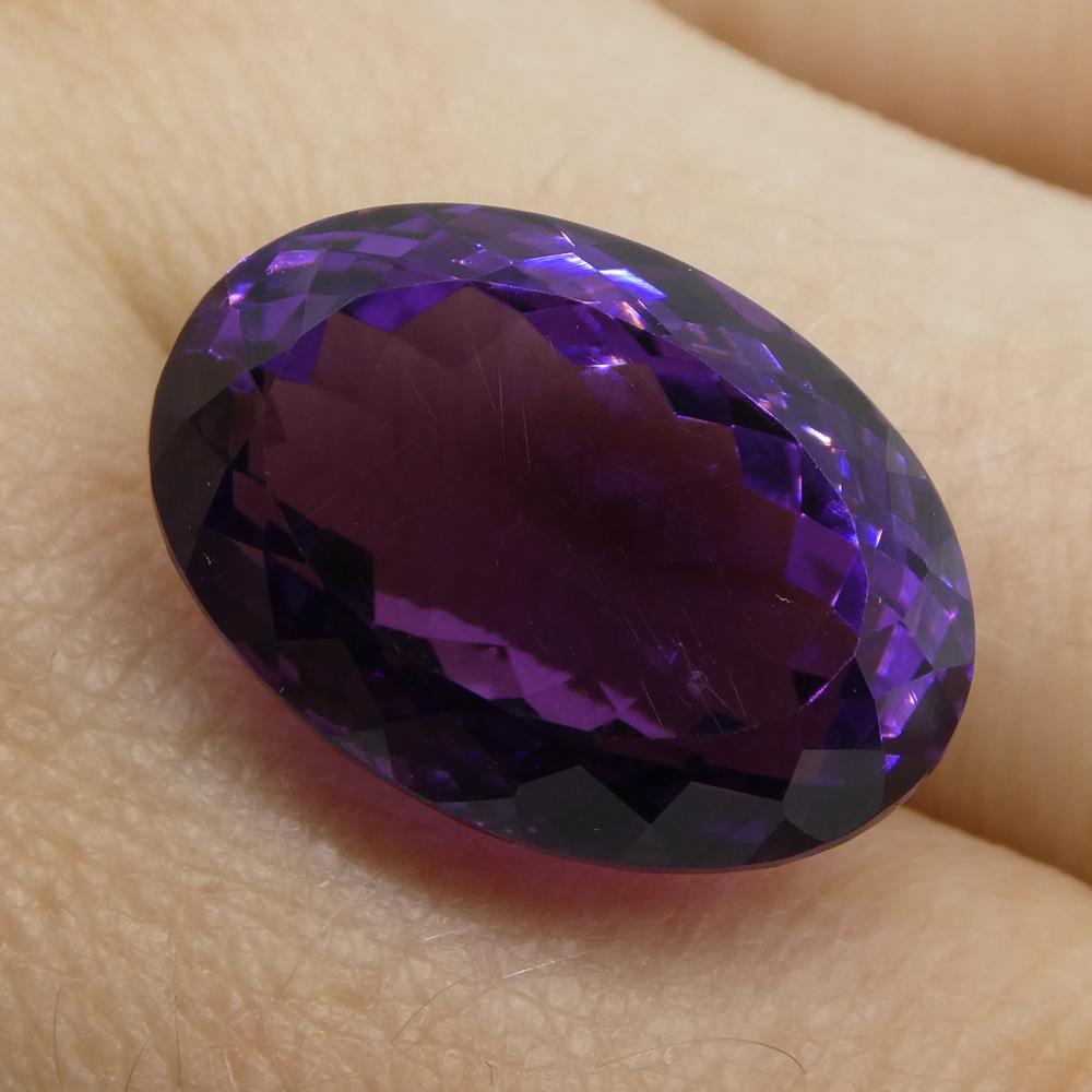 Description:

Gem Type: Amethyst
Number of Stones: 1
Weight: 18.11 cts
Measurements: 18.80x13x11 mm
Shape: Oval
Cutting Style Crown: Modified Brilliant
Cutting Style Pavilion: Modified Brilliant
Transparency: Transparent
Clarity: Very Slightly