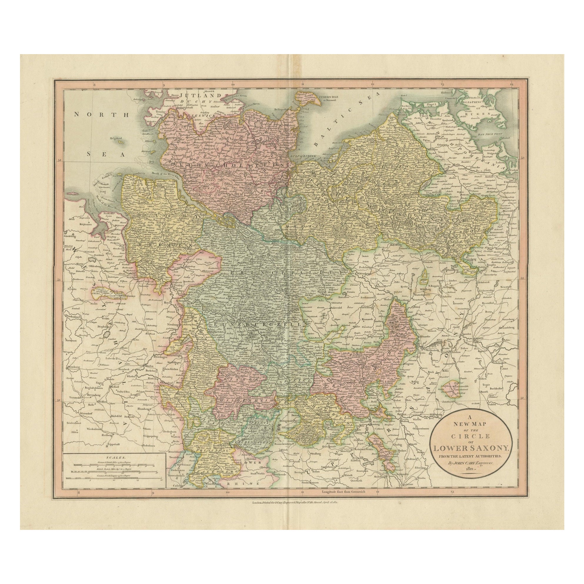 1811 John Cary Map of Lower Saxony - Featuring Bremen, Holstein, and More For Sale