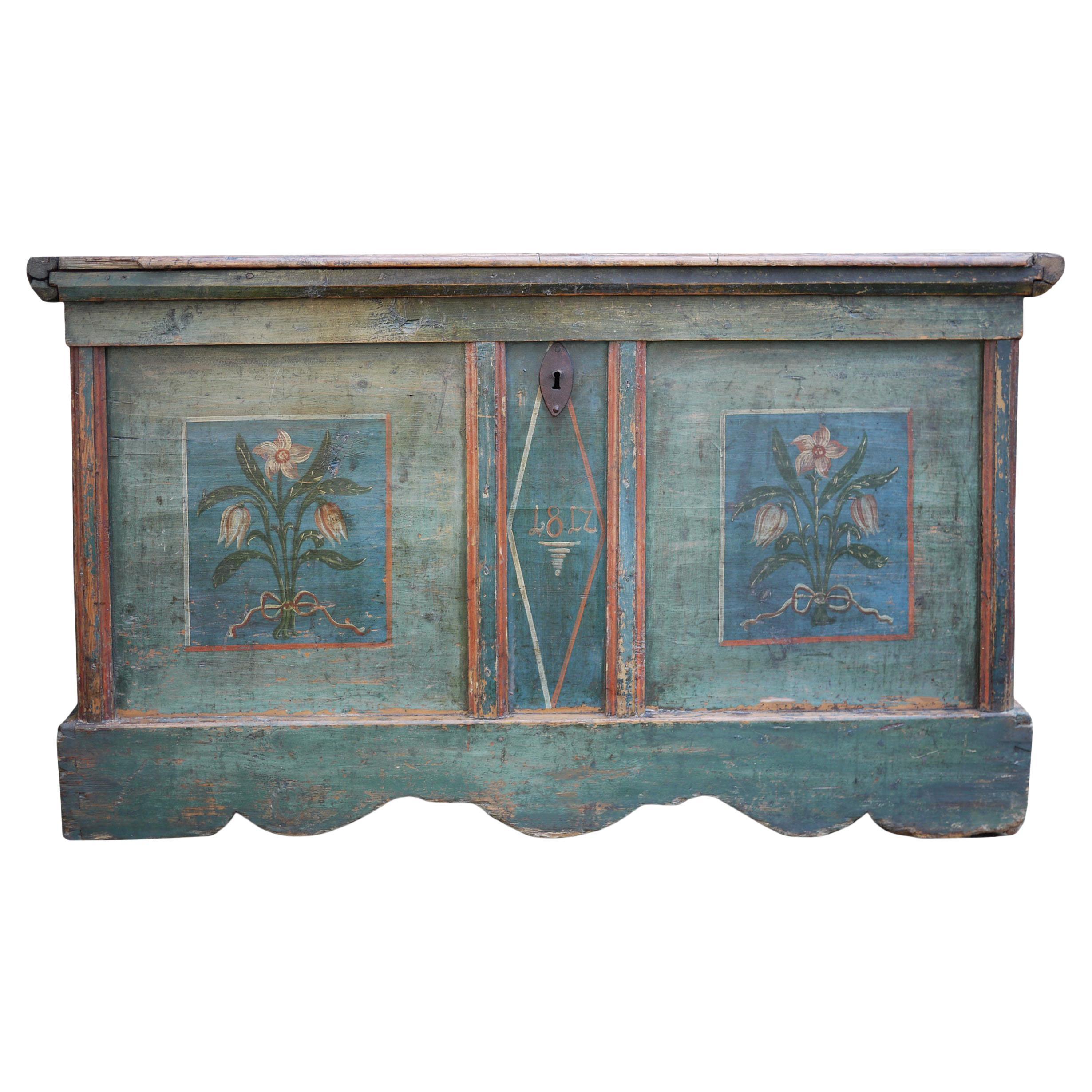 1812 Blu and Green Floral Blanket Chest, North Italy