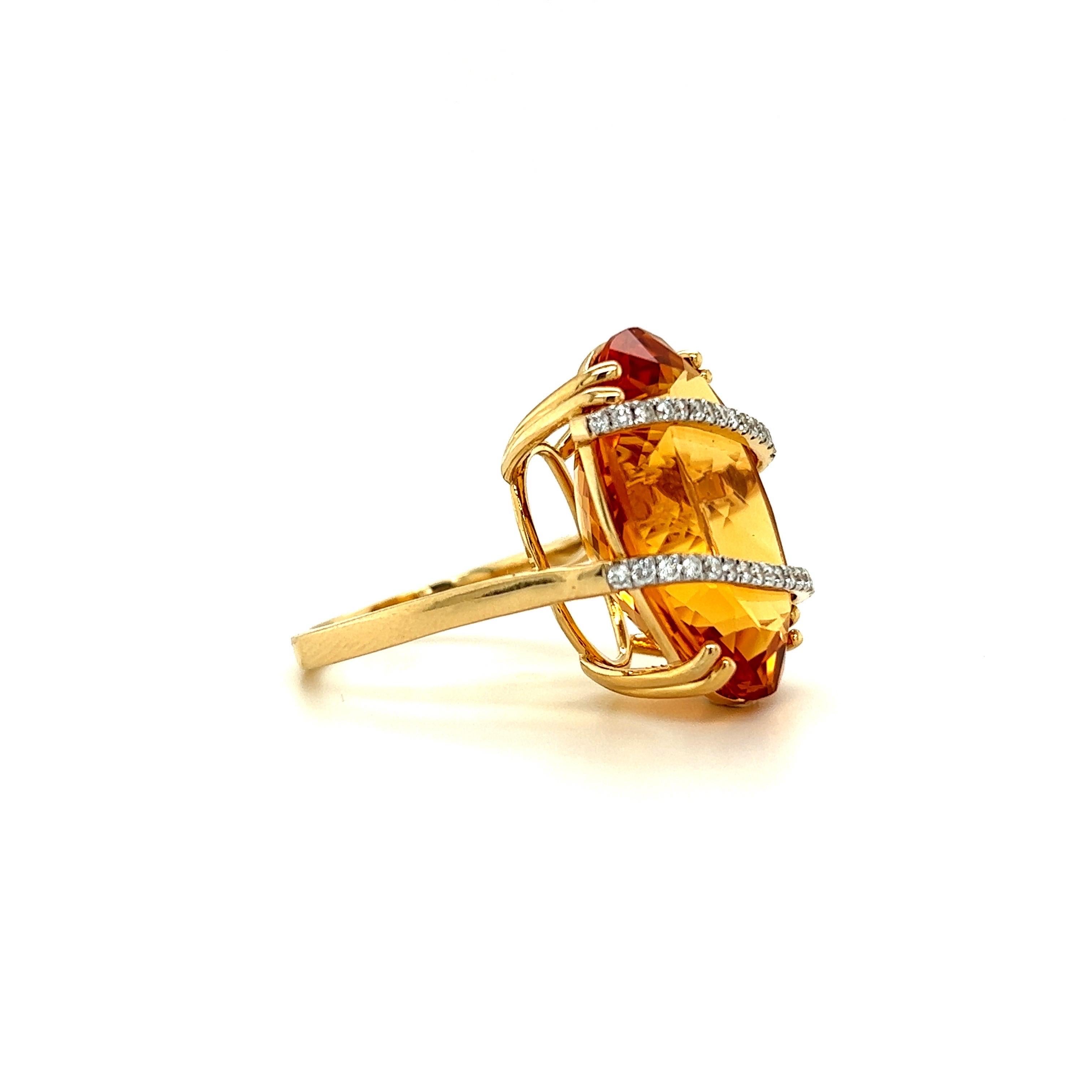 Elegant citrine ring. High Brilliance, rich golden honey tone, transparent clean, oval shape faceted, 18.12 carats natural citrine mounted in high profile basket with eight bead prongs, accented with round brilliant cut diamonds. Handcrafted design