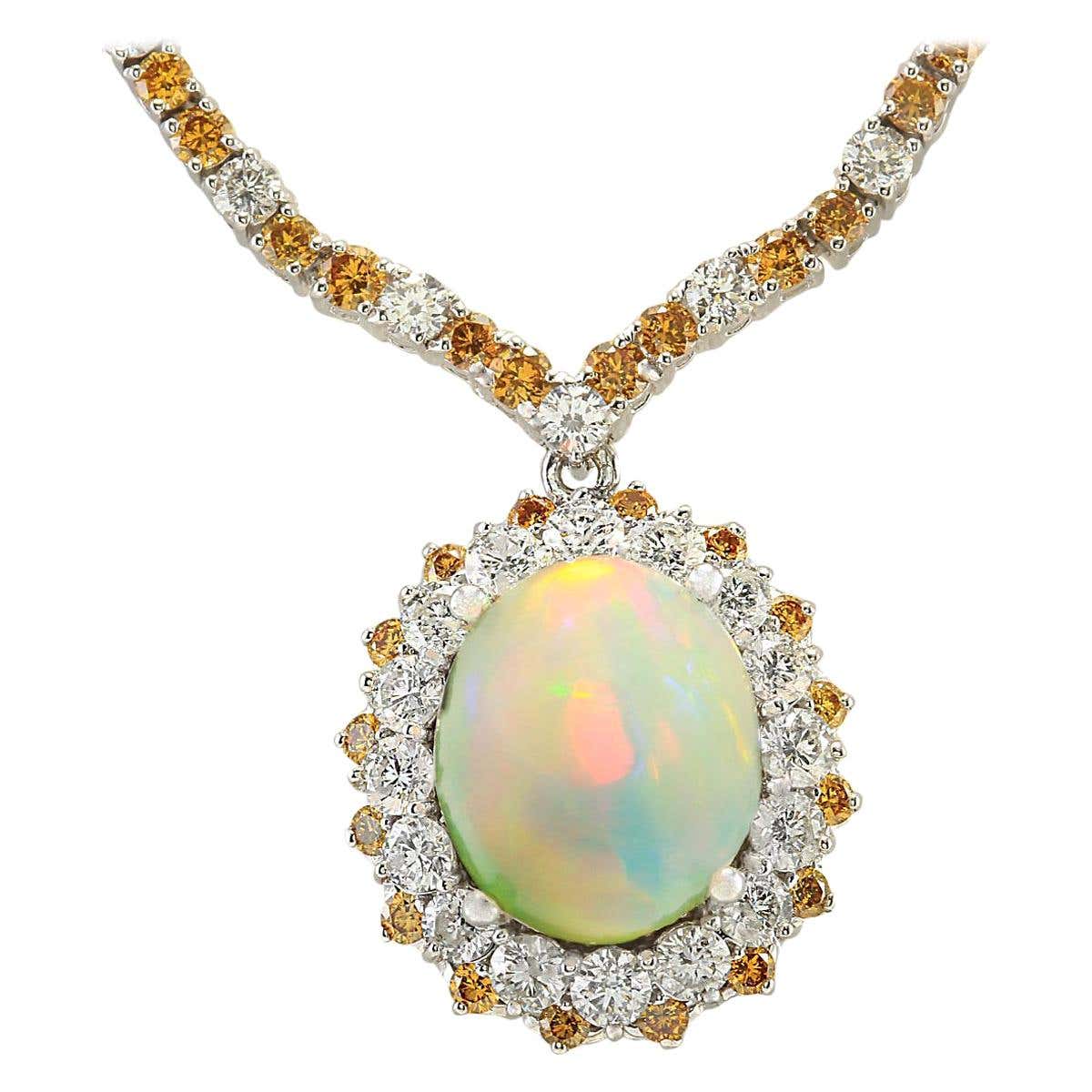 18.12 Carat Opal 18 Karat White Gold Diamond Necklace For Sale at 1stDibs