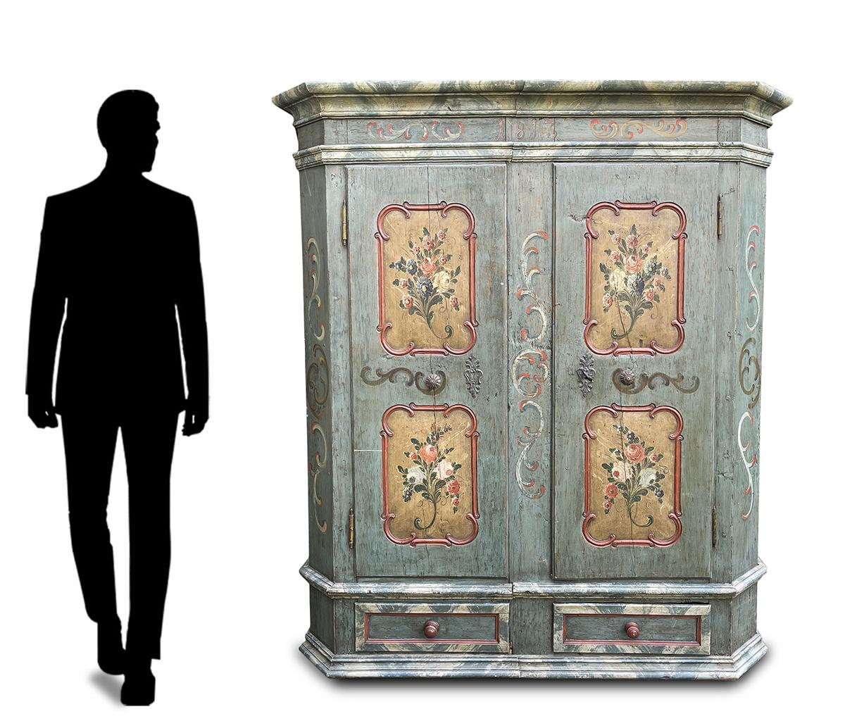 Fir 1813 Blue-Green Floral Painted Wardrobe, Alpine Region