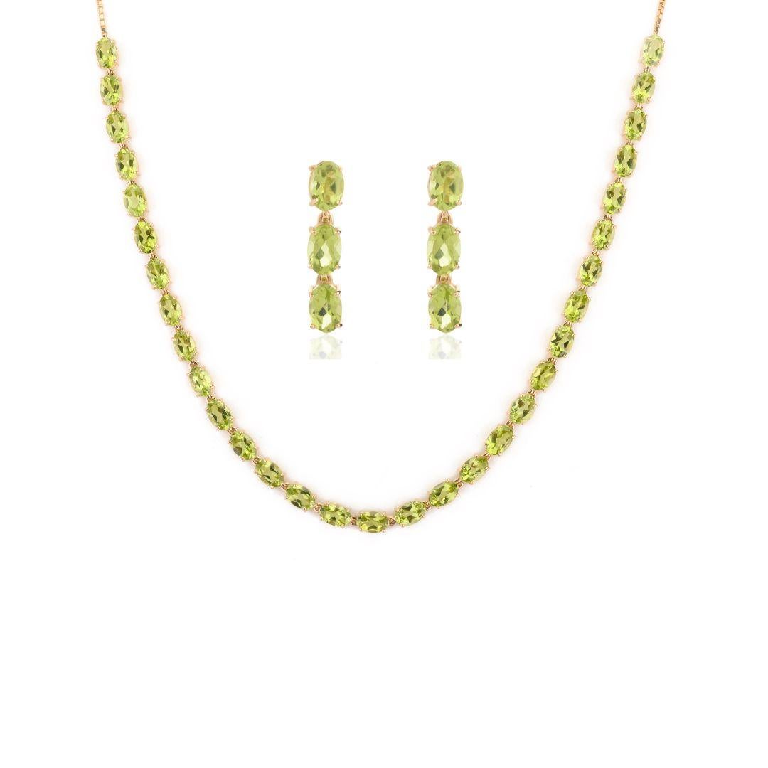 14k Yellow Gold 18.13ct Natural Peridot Necklace and Earrings Jewelry Set For Sale 2
