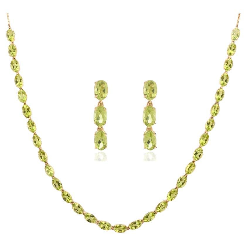 14k Yellow Gold 18.13ct Natural Peridot Necklace and Earrings Jewelry Set For Sale