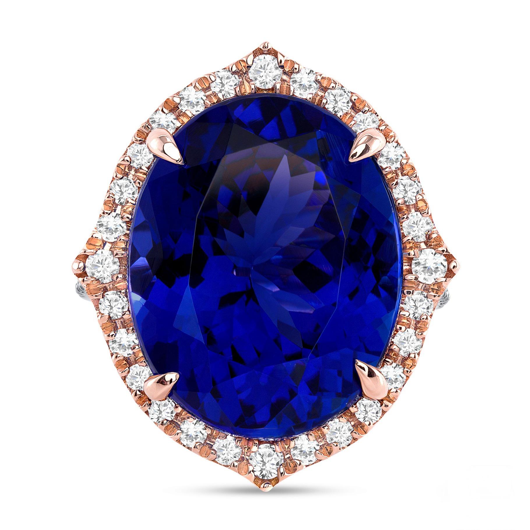 Modern 18.13ct GIA certified, oval Tanzanite ring in 18K rose gold. For Sale
