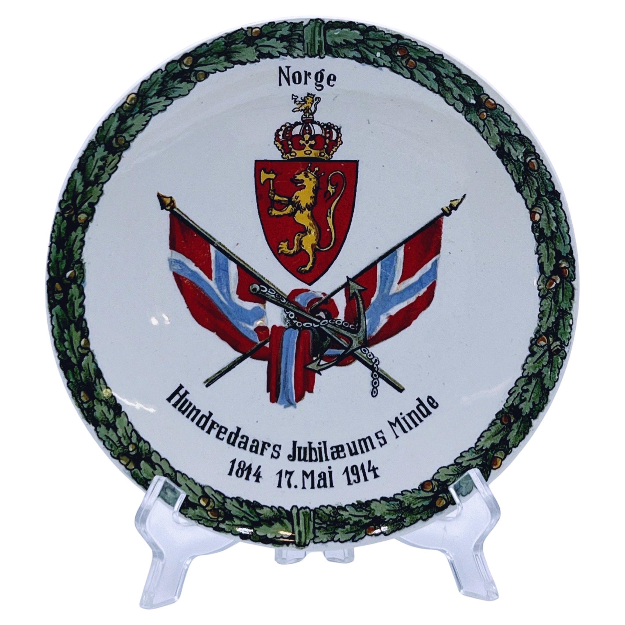1814-1914 Norwegian Commemorative Plate-Coat of Arms, Lion "NORGE" For Sale