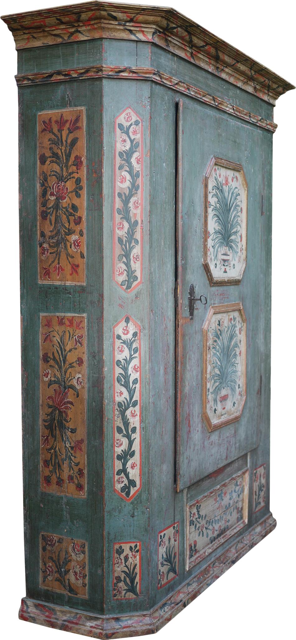 Painted wardrobe dated 1814

Measures: H. 190, L. 125 (141 to the frames) - P. 40 (48 to the frames)
H. 74,8 in, W. 49,2 in (55,5 in to the frames) - P. 15,7 in (18,9 in to the frames)

One-door wardrobe, painted in deep blue. On the door two