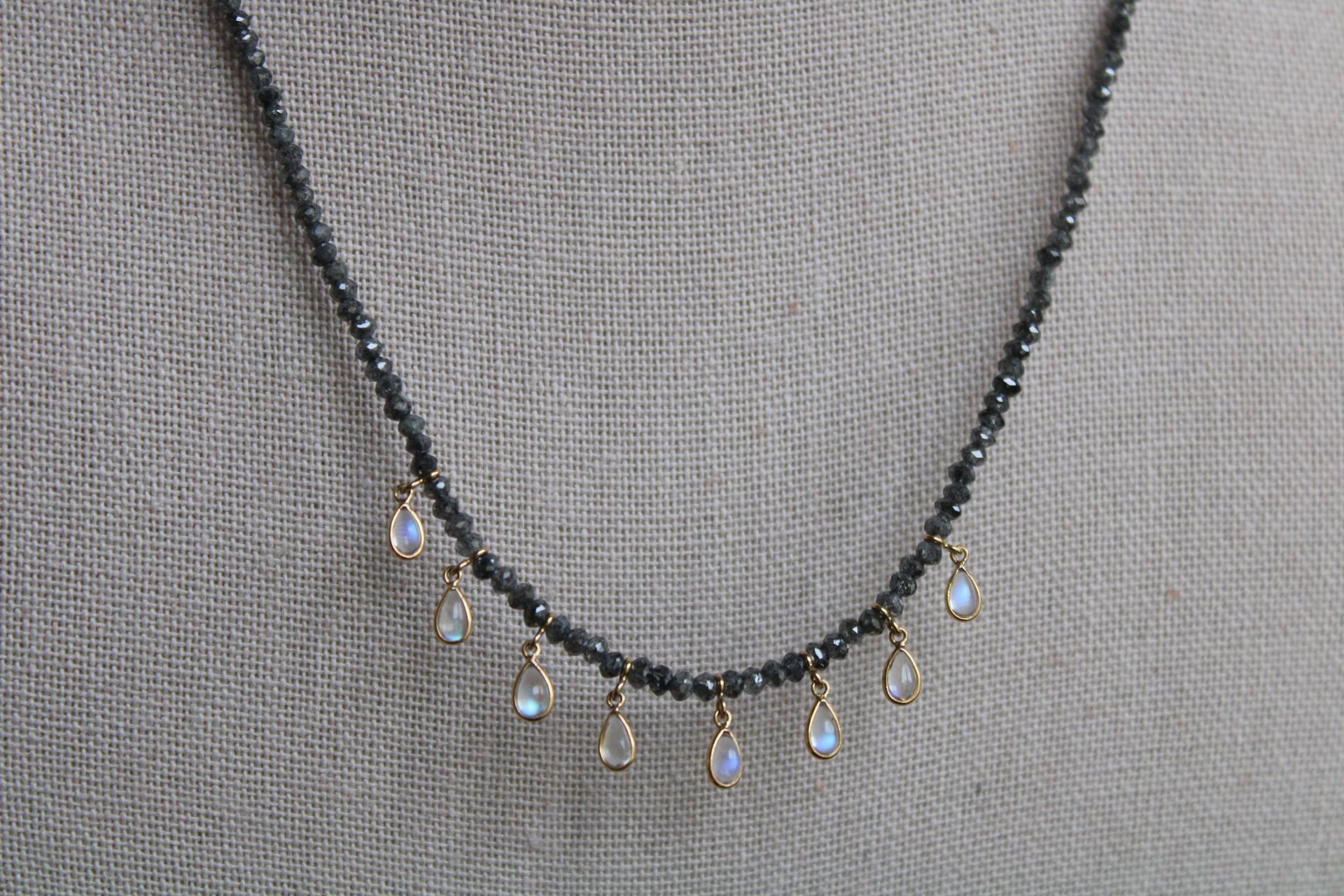 Modern 18.14 Carat Diamond Bead 18K Gold Necklace with Rainbow Moonstone Pears For Sale