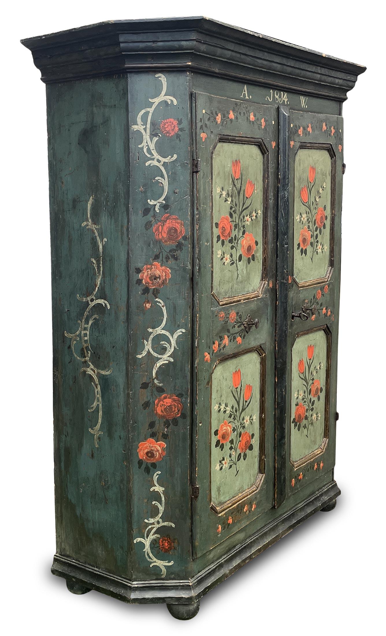 Louis XVI 1814 Green Floral Painted Cabinet