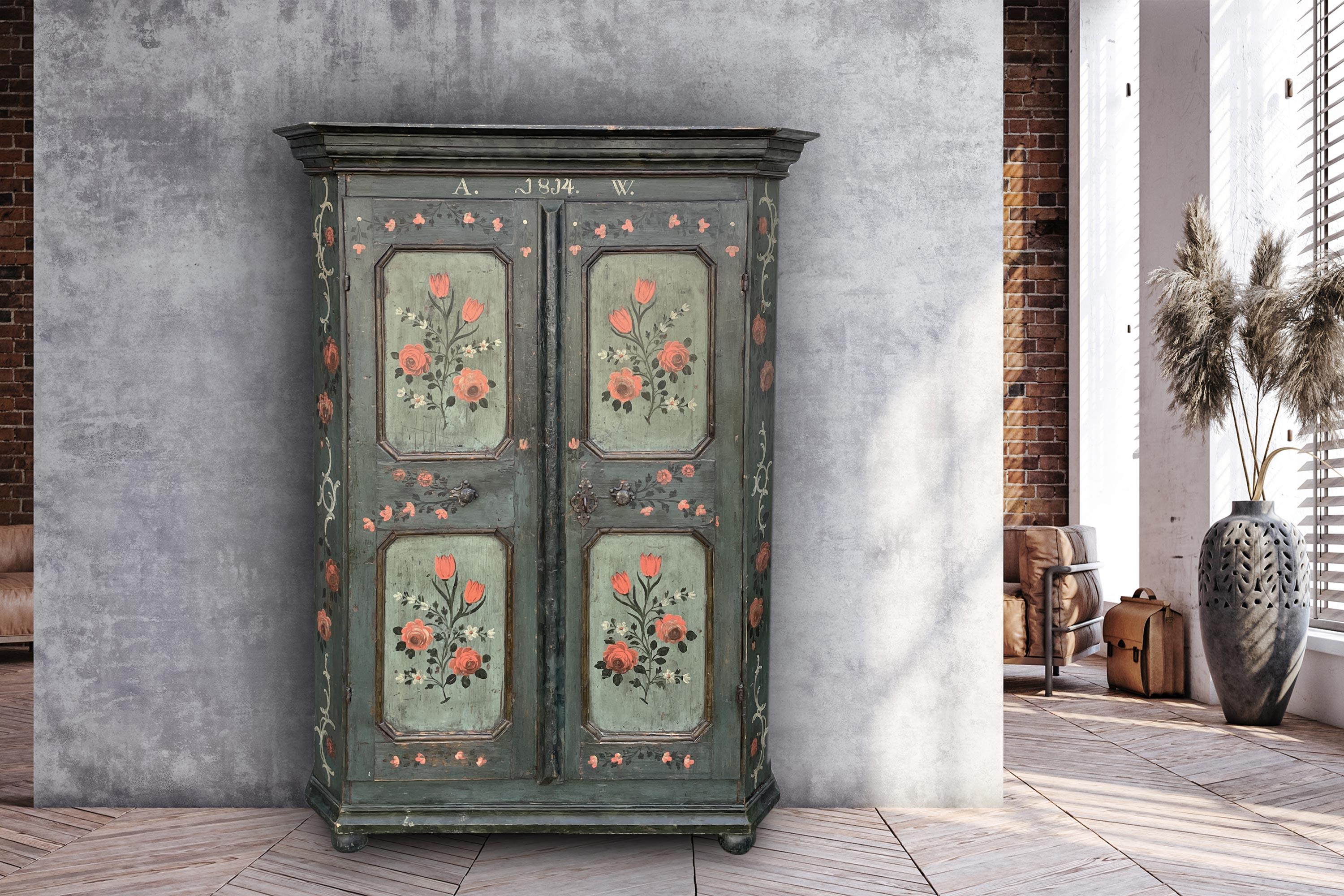 Austrian 1814 Green Floral Painted Cabinet