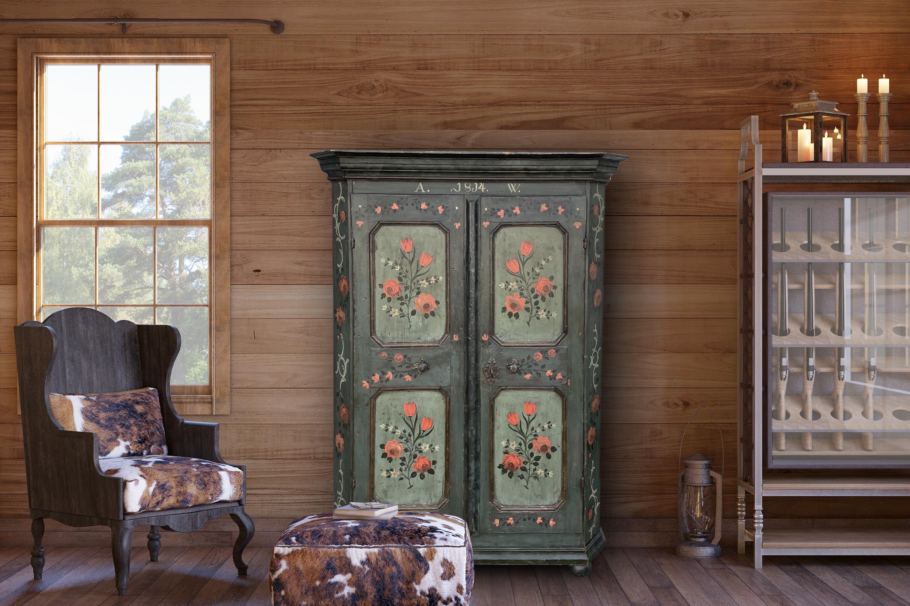 1814 Green Floral Painted Cabinet In Good Condition In Albignasego, IT