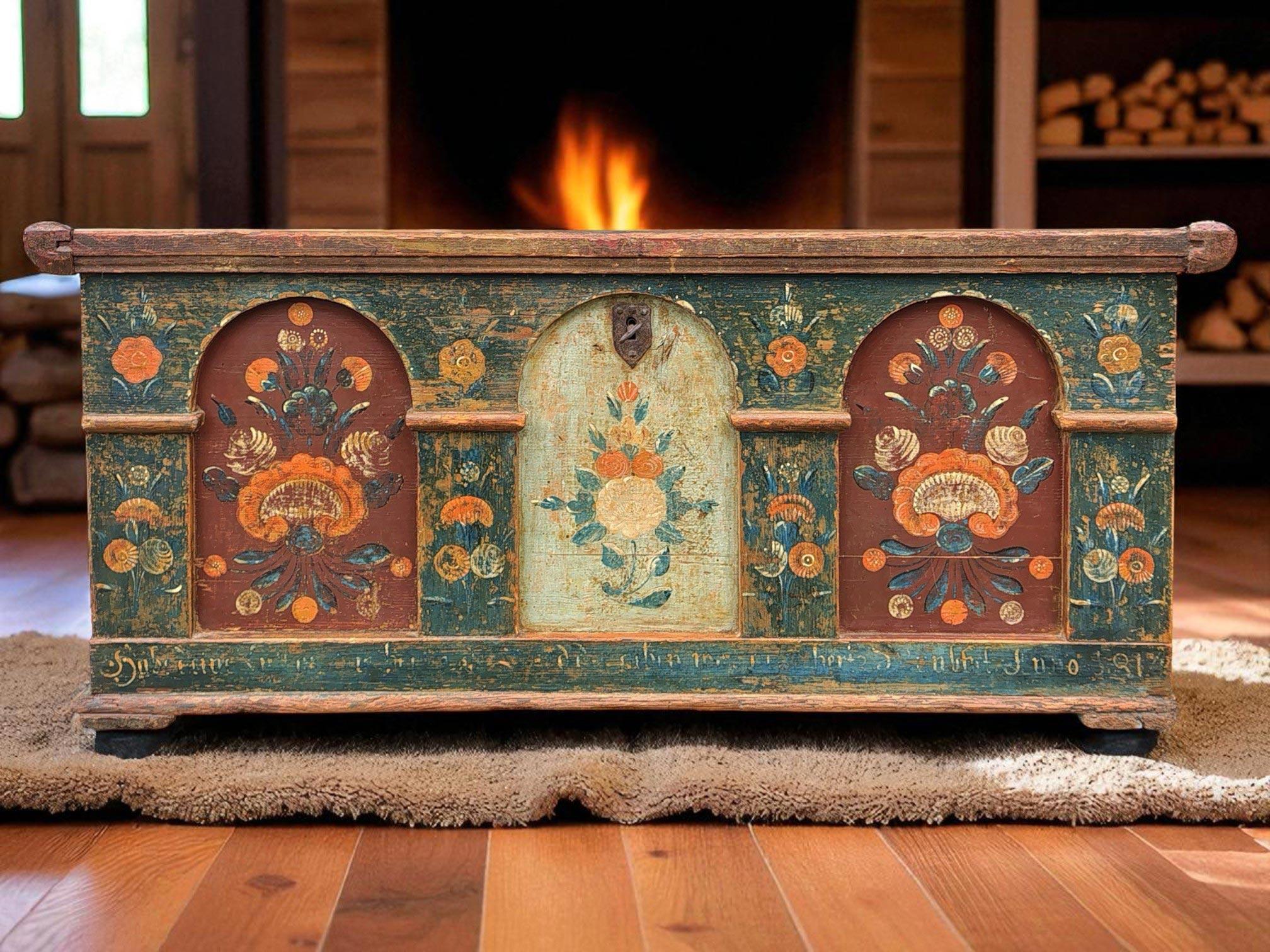 1814 red and blue Blanket Chest Floral Painted For Sale 3
