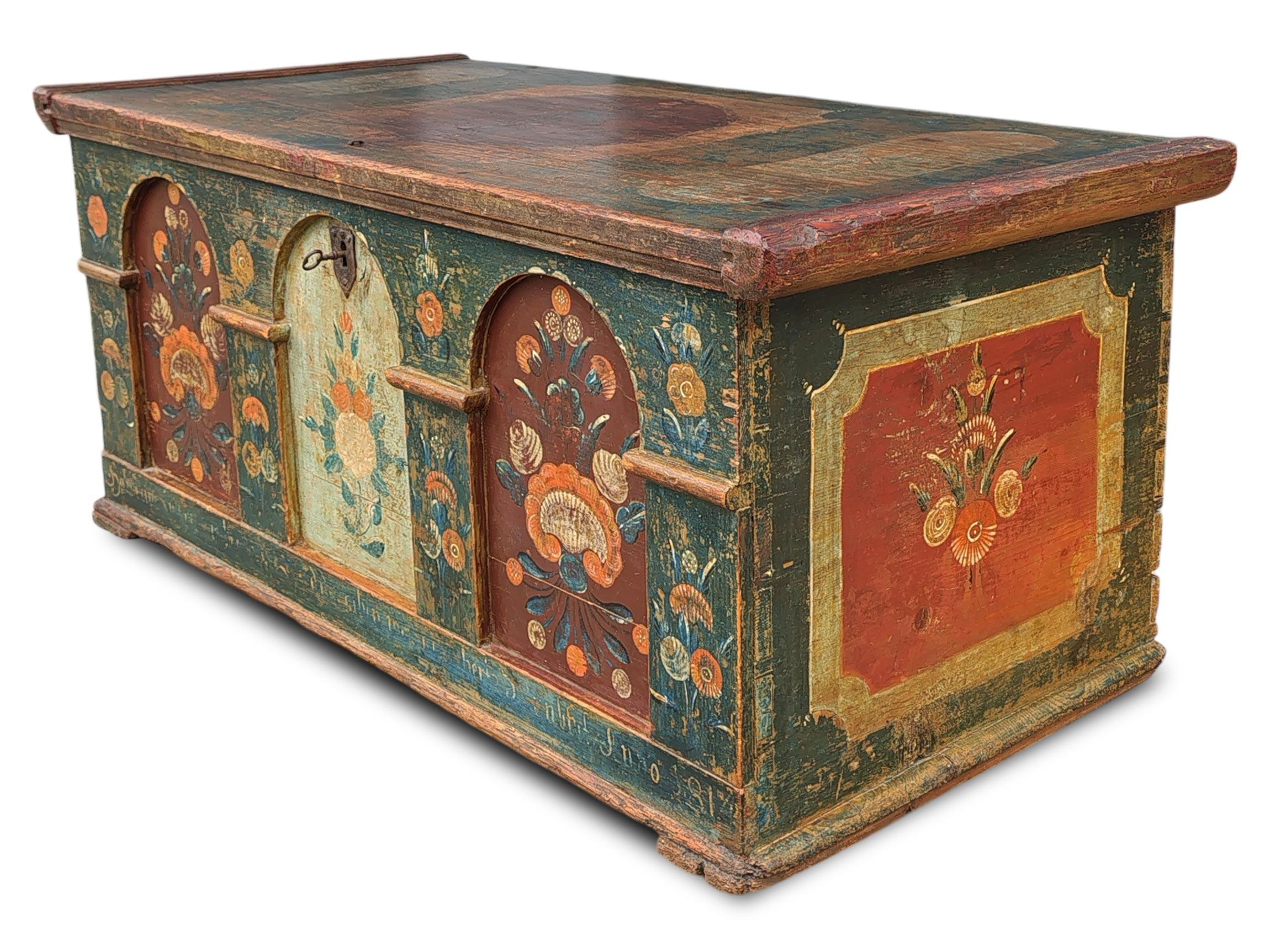 Tyrolean Chest dated 1814

Technical information:
Period: 1814
Origin: Tyrol
Wood type: Fir

Height: 50 cm  19.68 in
Width: 120 cm  47.24 in
Depth: 57 cm  22.44 in

Description:
Tyrolean chest in fir wood, dated 1814, a fine example of Alpine