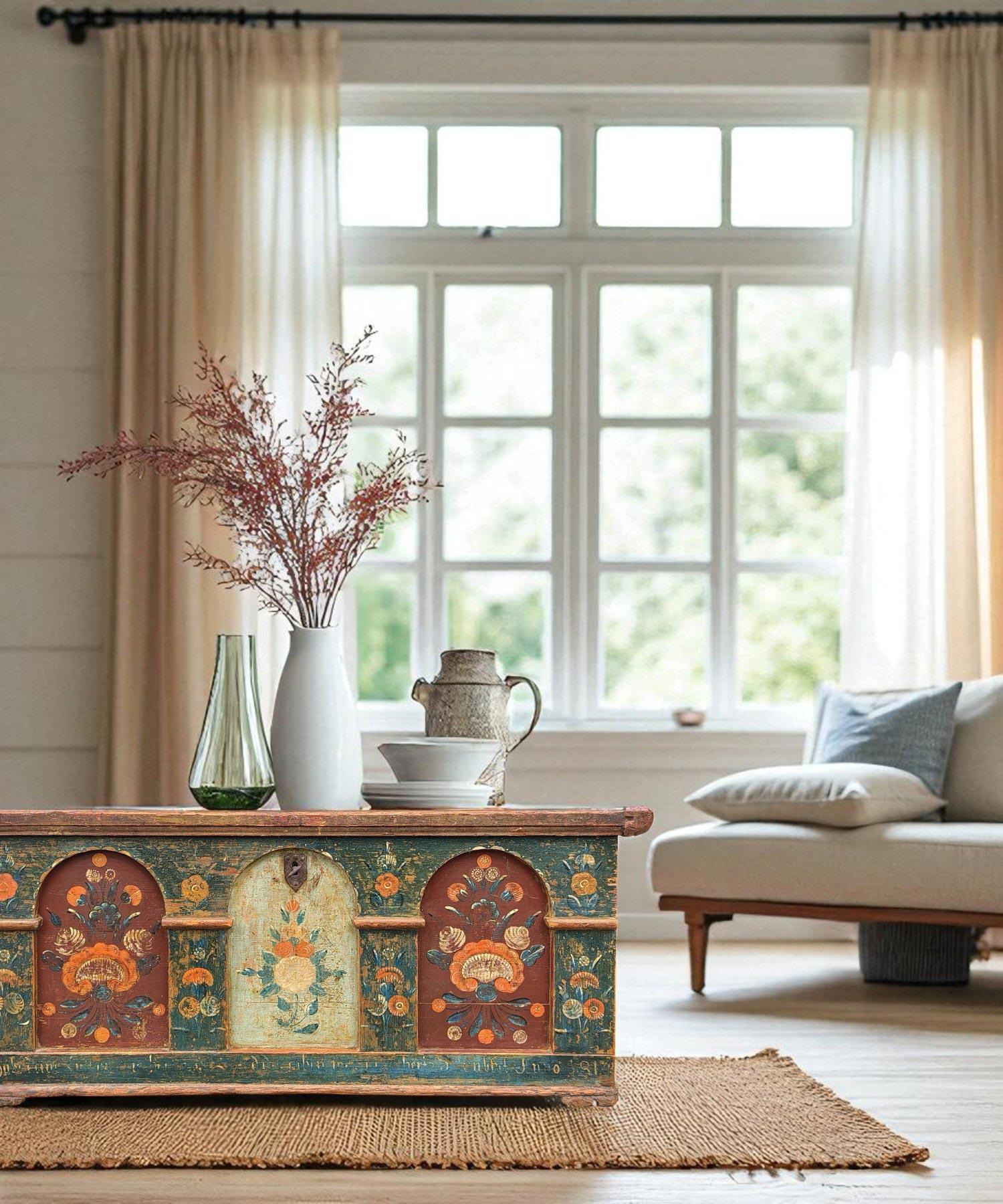 1814 red and blue Blanket Chest Floral Painted In Good Condition For Sale In Vo', Veneto