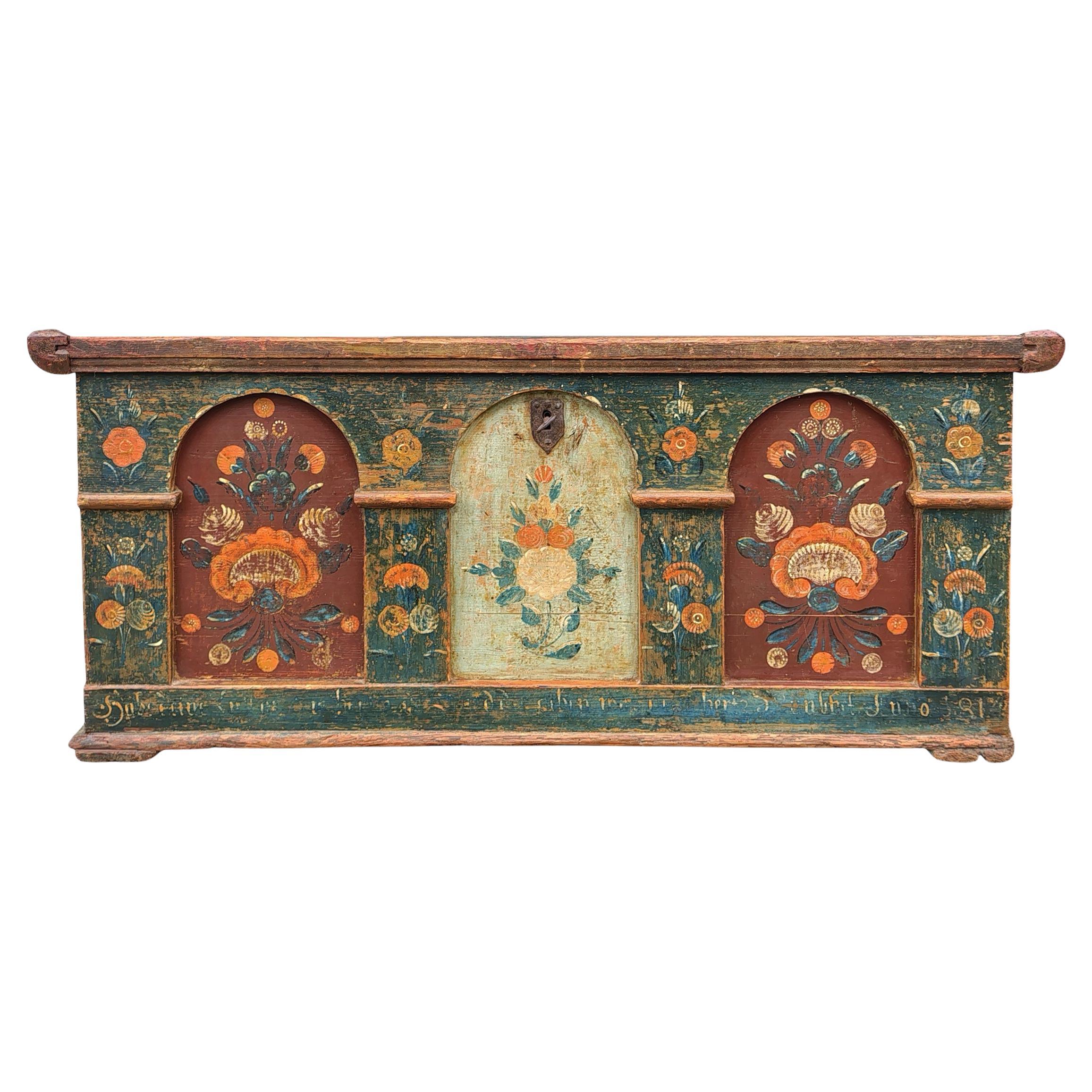 1814 red and blue Blanket Chest Floral Painted For Sale