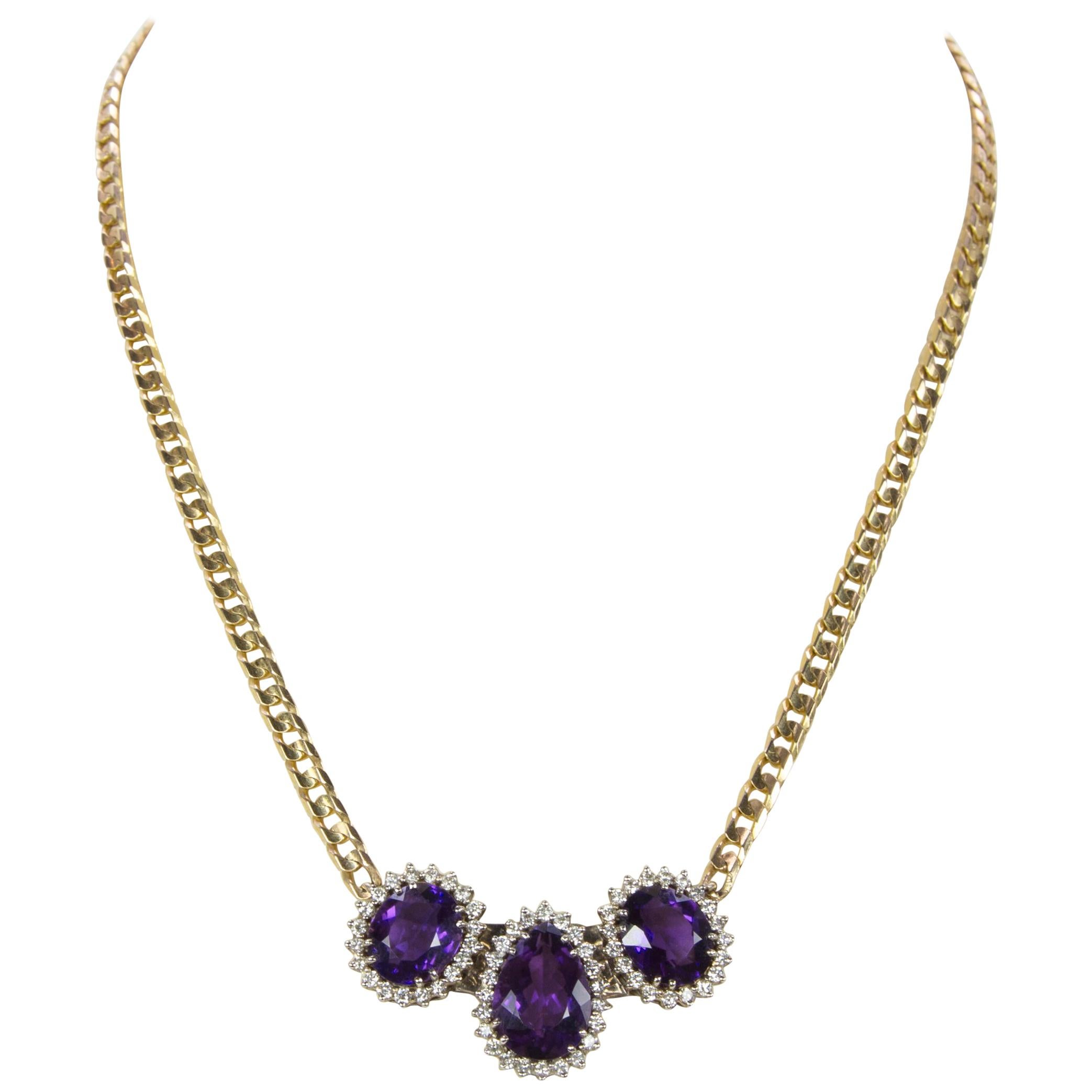 18.15 Carat Amethyst and Diamond Gold Necklace Estate Fine Jewelry For Sale