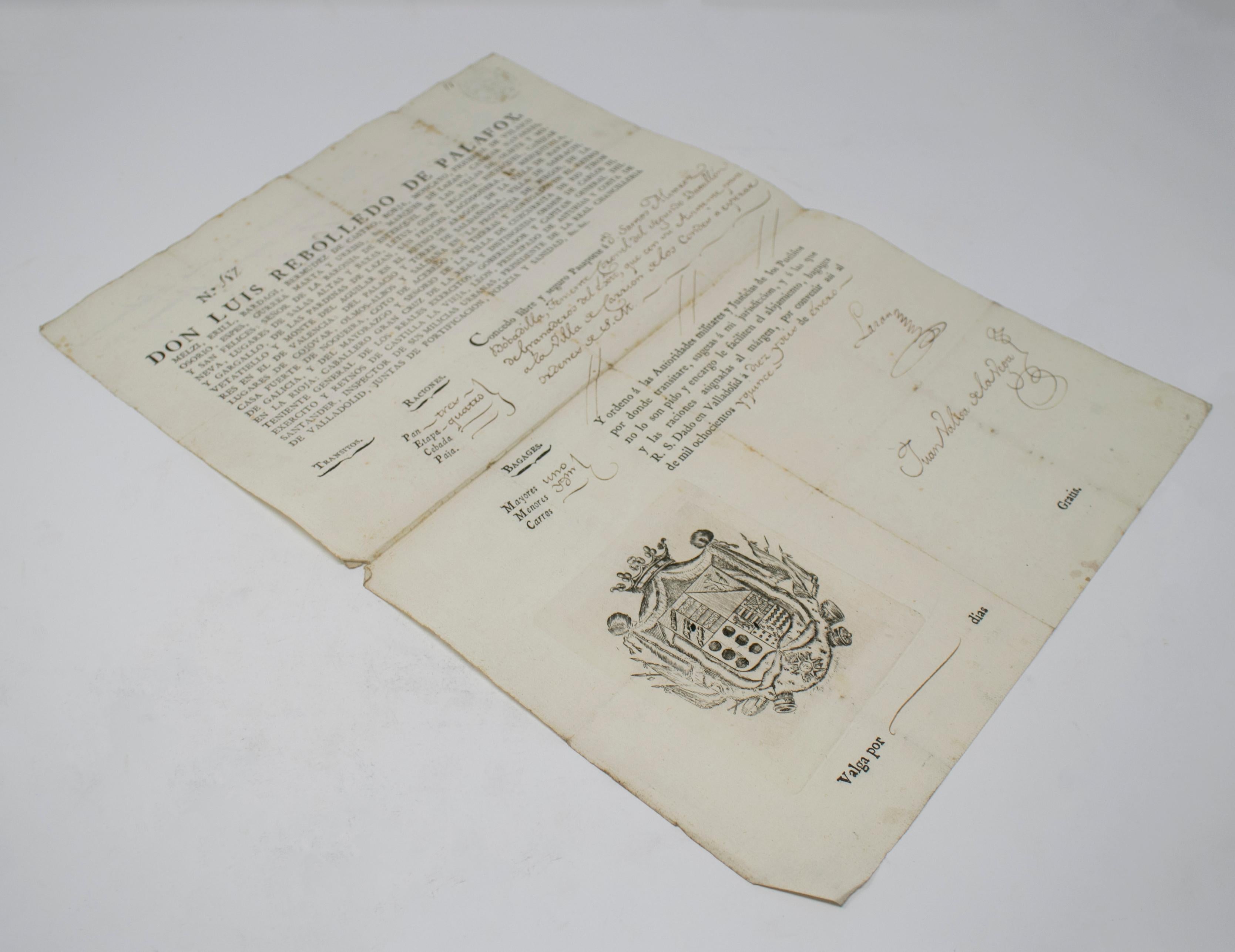 1815 Spanish passport hand written on paper. Part of a large collection.
