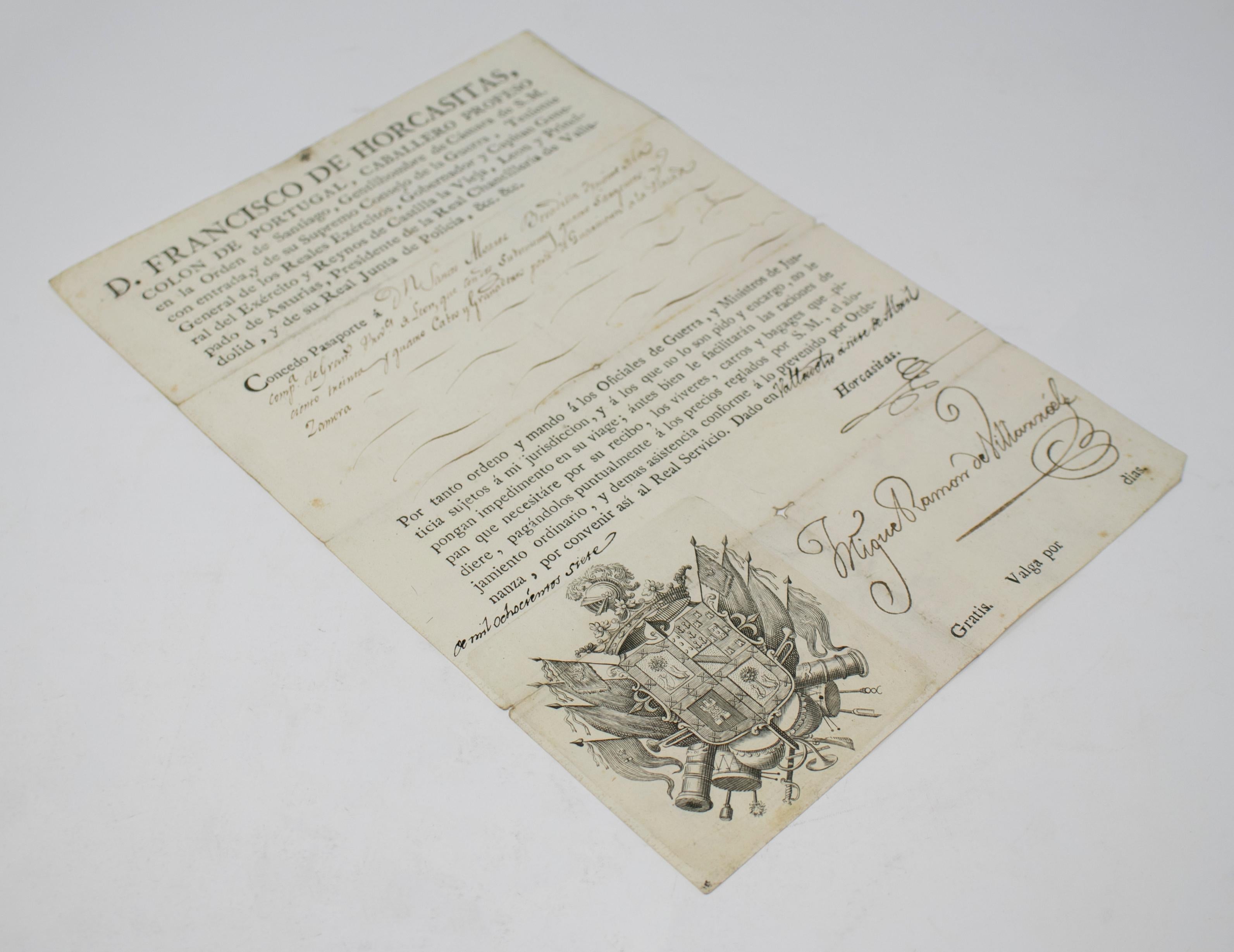 Spagnolo Passaporto spagnolo del 1815 scritto a mano su carta in vendita