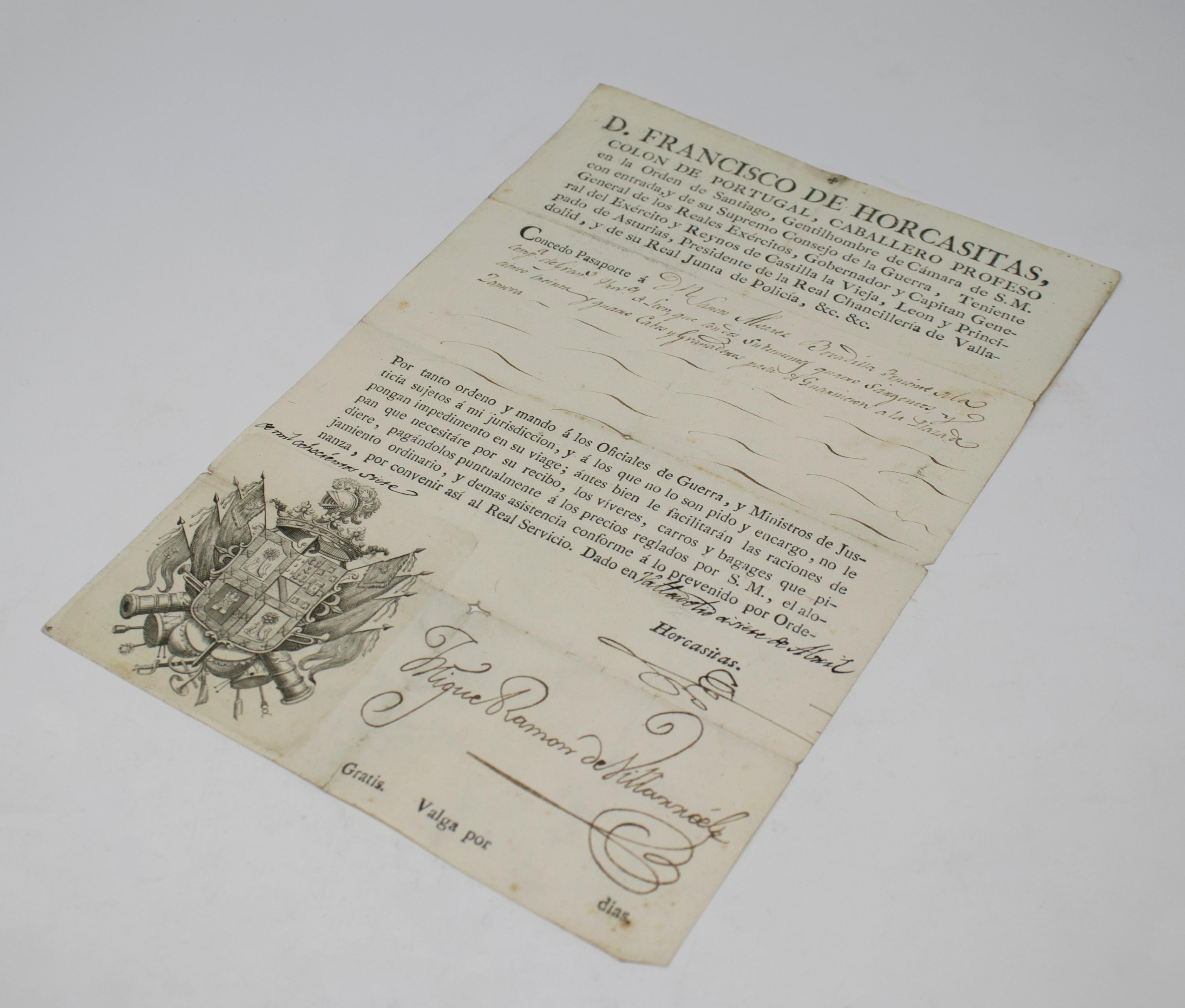 Passaporto spagnolo del 1815 scritto a mano su carta In condizioni buone in vendita a Marbella, ES