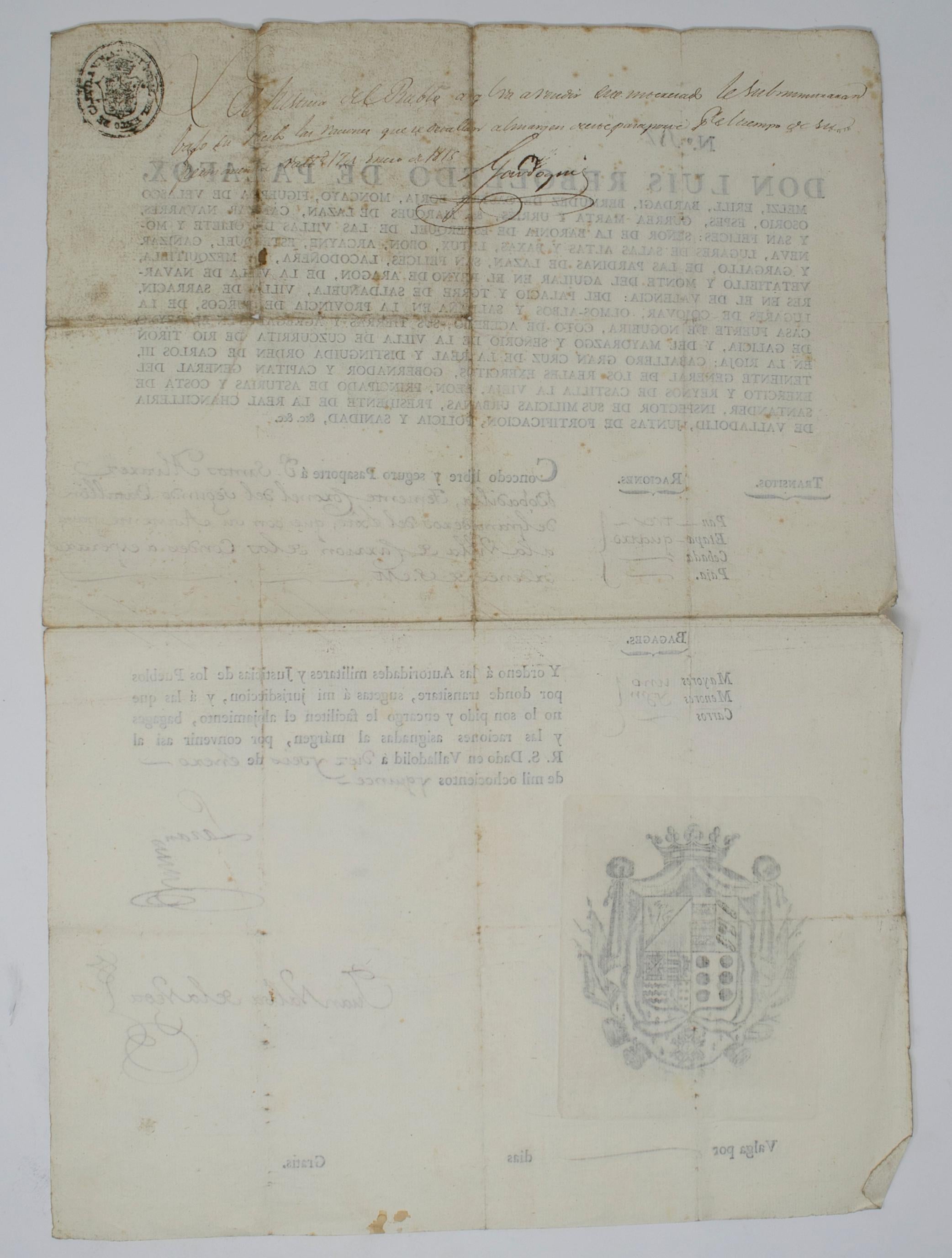 1815 Spanish Passport Hand Written on Paper For Sale 2