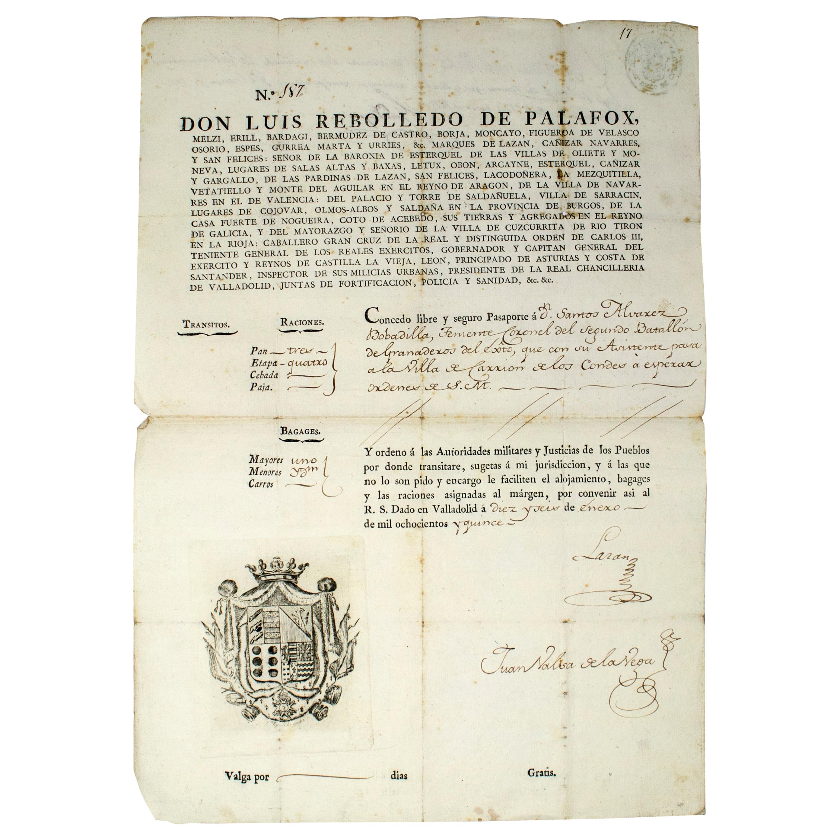 1815 Spanish Passport Hand Written on Paper