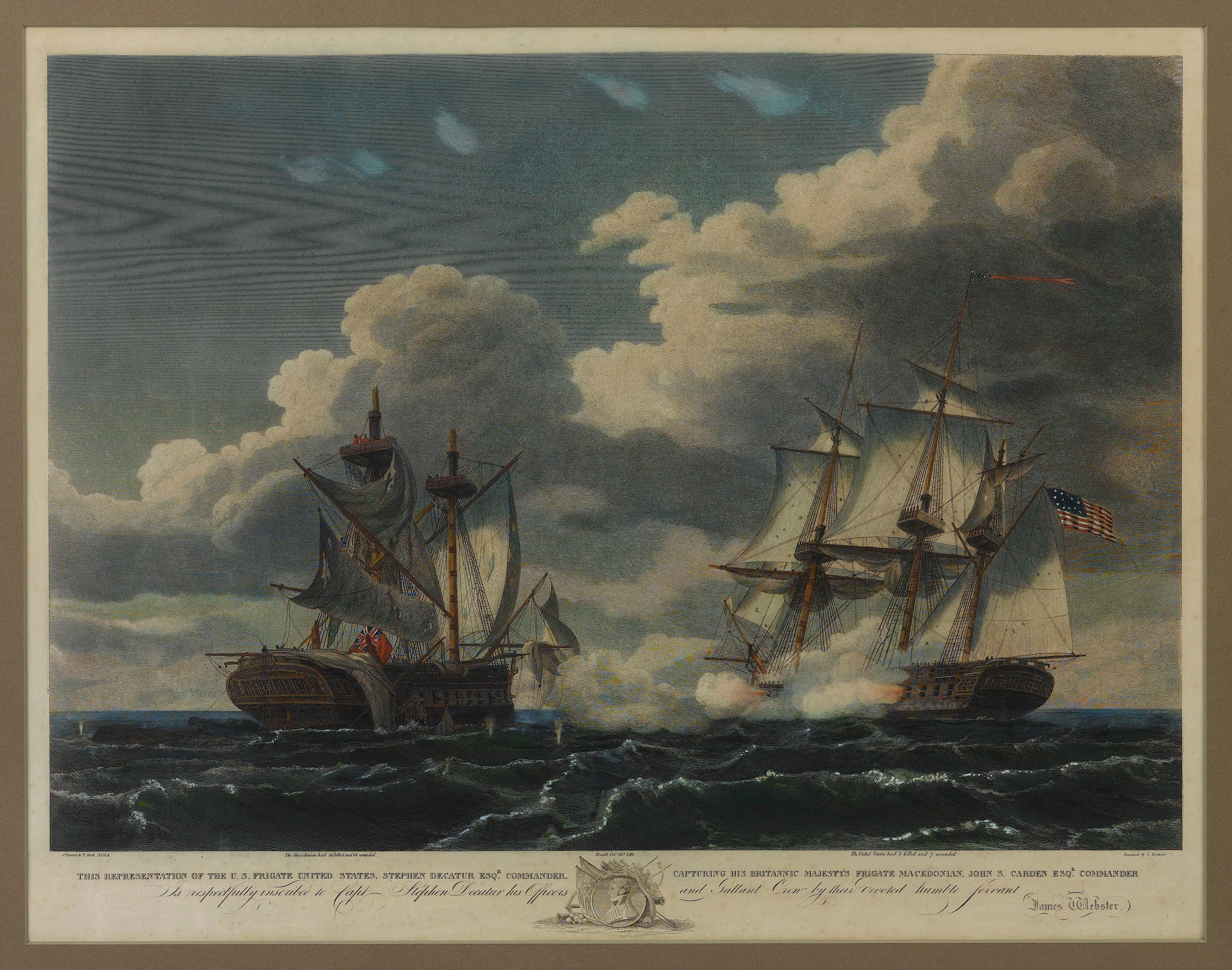 Presented is an 1815 engraving by Samuel Seymour, entitled The U.S. Frigate United States Capturing His Britannic Majesty's Frigate Macedonian. The print is after a similarly-titled oil painting, engagement between the United States and the
