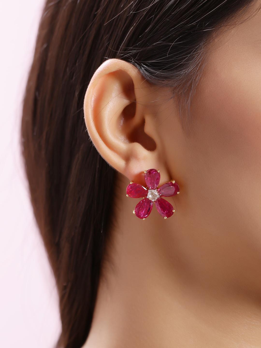 Pear Cut 18.15cts Natural Mozambique Ruby Pear Stud Earring with Diamond in 18K Gold