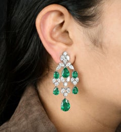 18.16Ct Zambian Emerald Diamond Chandelier Earrings 14k White Gold Fine Jewelry