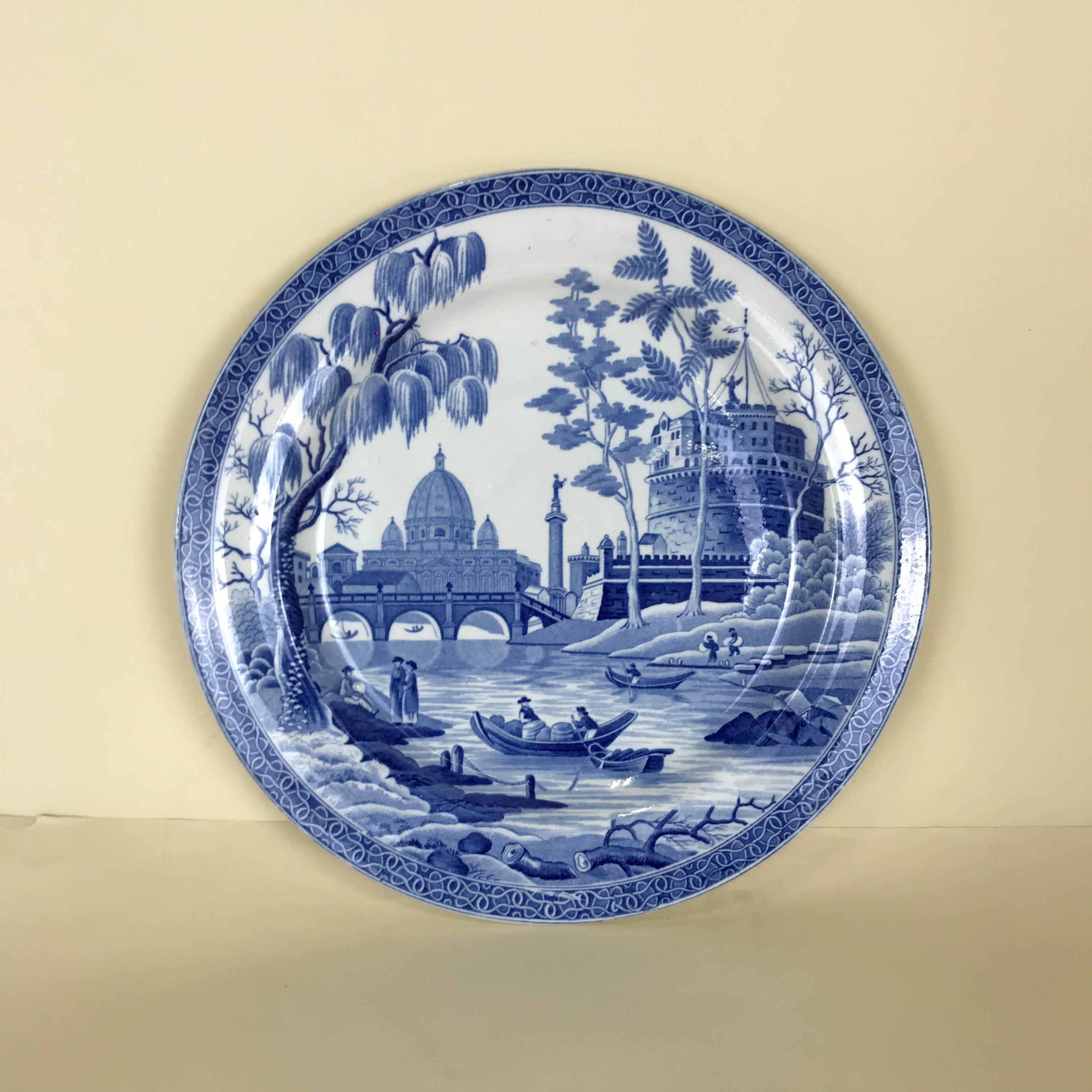 Antique English blue and white transfer dinner plate made in Stoke-on-Trent, and printed in the 