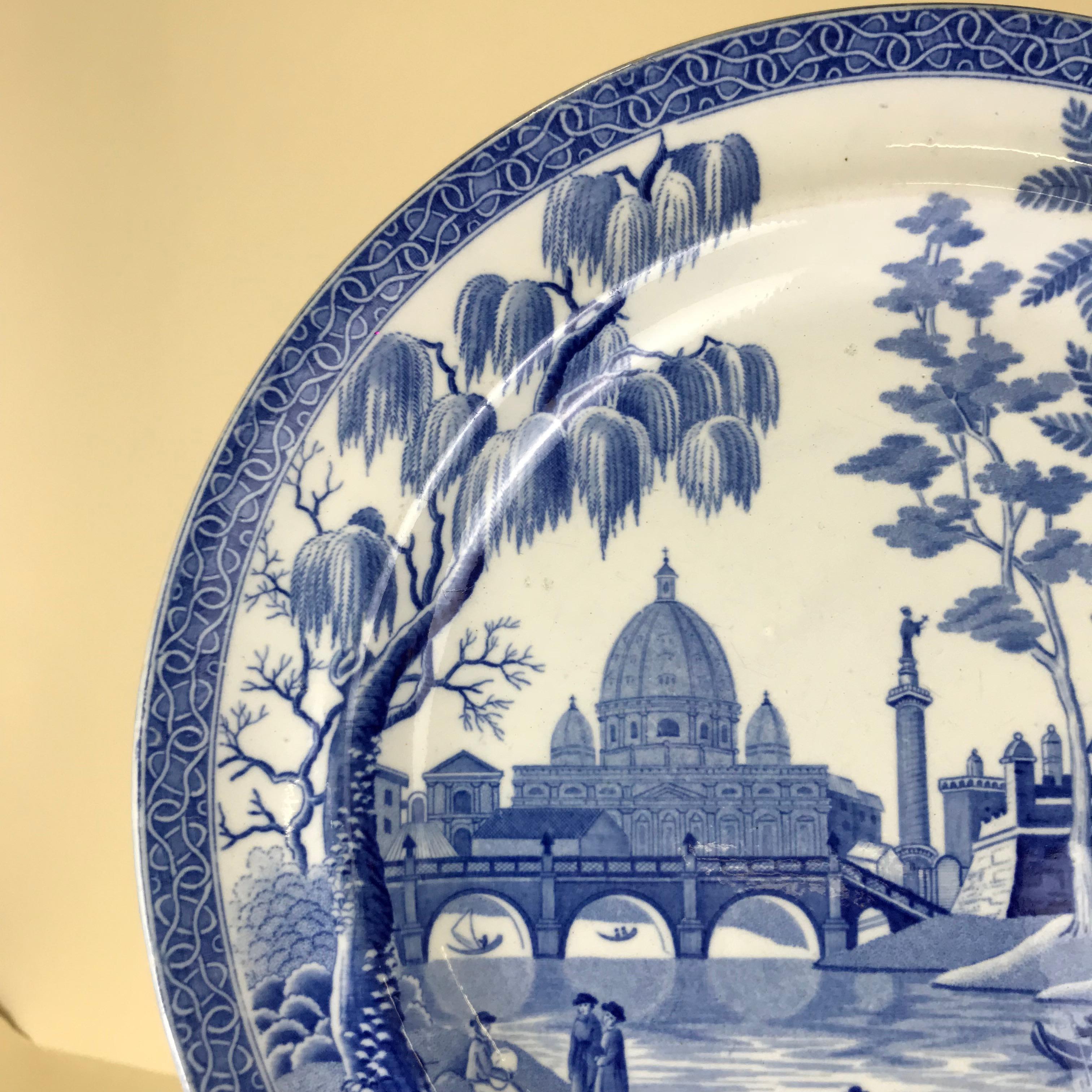 George III 1816s English Blue Italian Spode Earthenware Rome Pattern Dinner Plate For Sale
